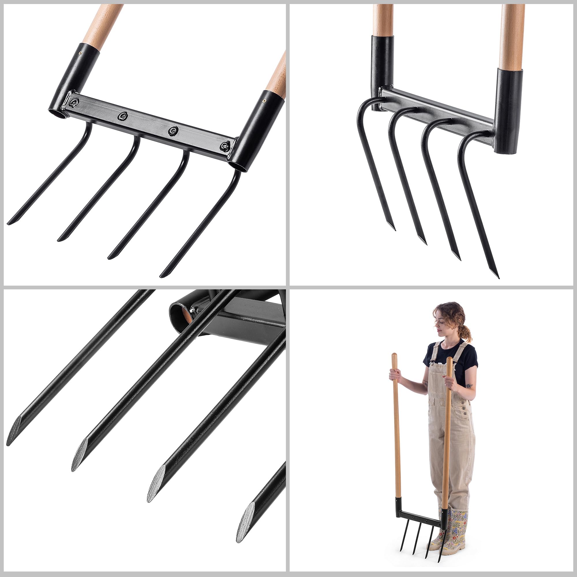 KADAX Fourche de jardin avec 4 dents et longues poignées en bois, fourche à creuser pour ameublir le sol et le jardinage, fourche large pour aérer les sols (49,5 x 134 cm)