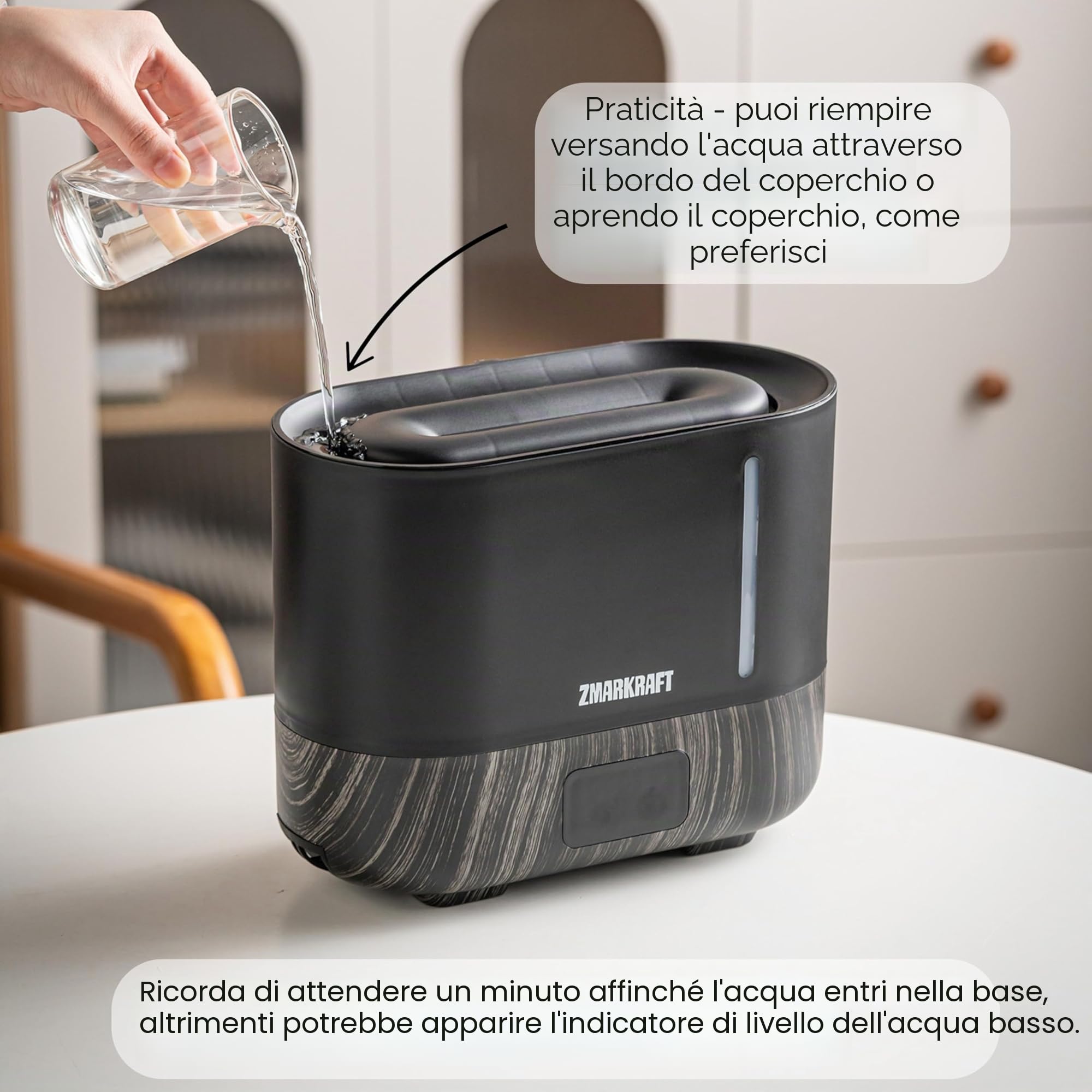 Umidificatore grande 3L con effetto fiamma, nebbia fredda ultrasonica silenziosa, riempimento superiore, livello di nebbia regolabile, nebbia fredda per ogni stagione, camera da letto e