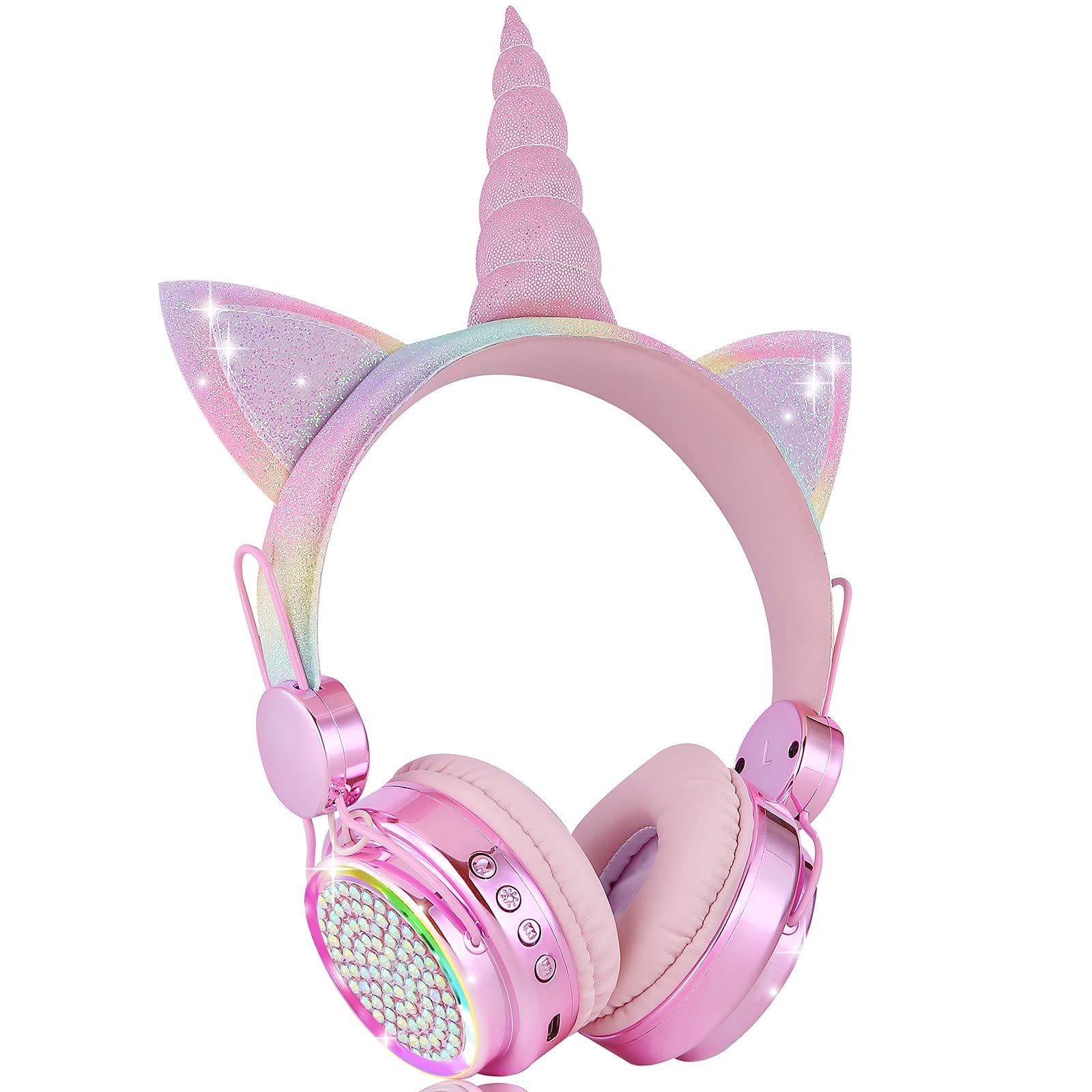 KORABA Kids Headphones Bluetooth Wireless, Unicorn LED Lights up Girls Headsets with Microphone, 10 Hours 5.0 Bluetooth Headphones for Girls, Kids,