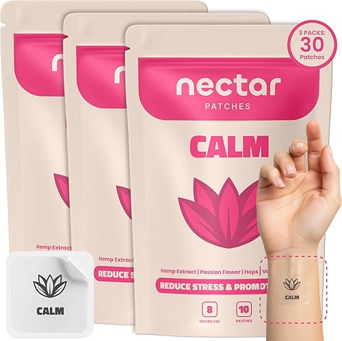 Miniatura 14 de Parches calmantes de néctar Paquete de 10 para relajación y descanso durante todo el día con cáñamo, flor de la pasión y raíz de valeriana