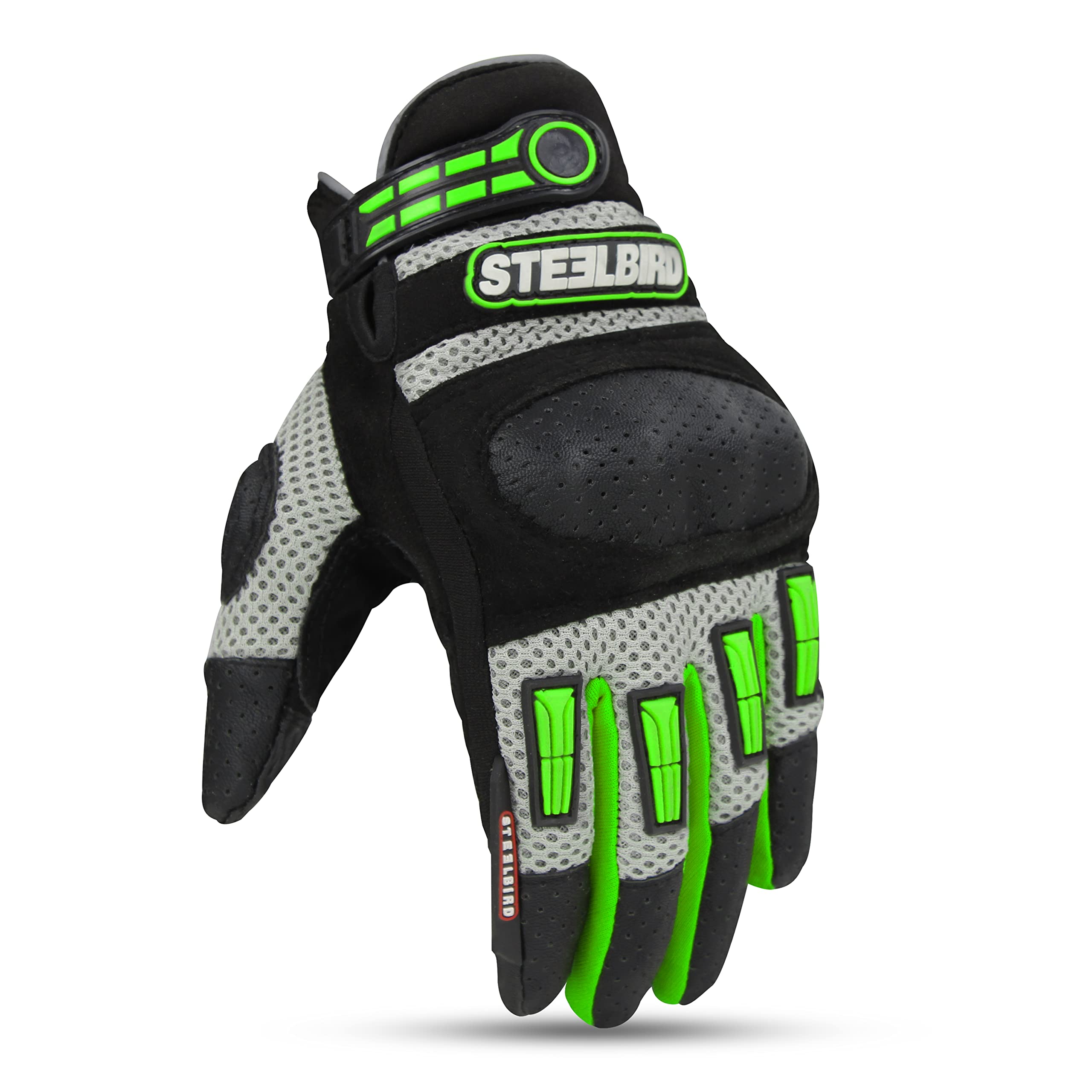 Steelbird Polyester Adventure A-1 Full Finger Riding Gloves with Touch Screen Sensitivity at Thumb and Index Finger, Protective Off-Road Motorbike Racing (M, Green), Cycling
