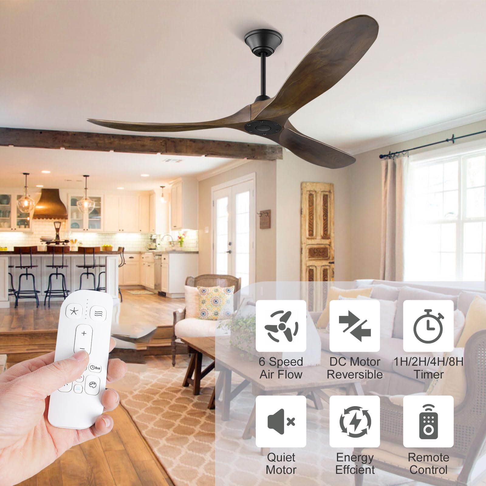 Ventilador de Techo con Mando a Distancia,Ventilador de Techo sin Luz Silencioso,152cm de Diámetro,3 Aspas de Madera,Motor de CC,6 Velocidades,Temporizador,Función Verano-invierno,Nogal