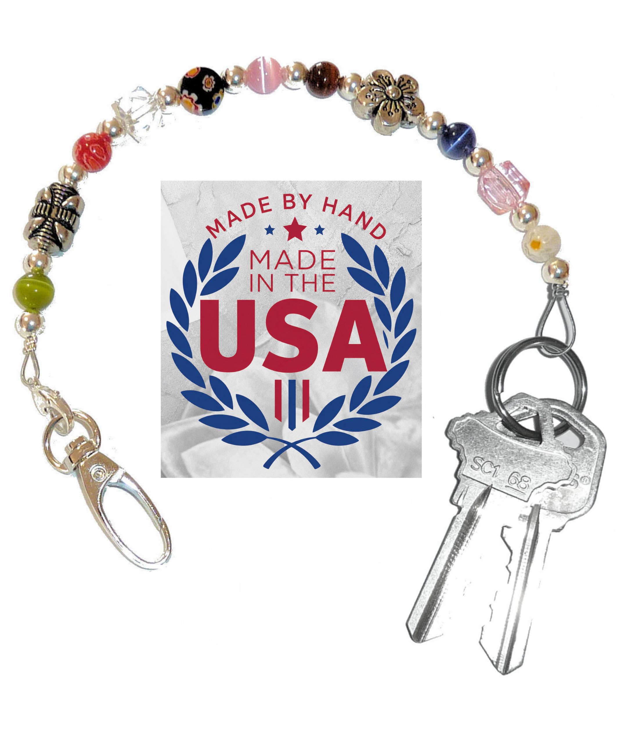 Hidden Hollow Beads Key Keeper, Finder Chain 12" Women's Hand Beaded USA Purse Handbag Holder Wallet Organizer Accessory Gift