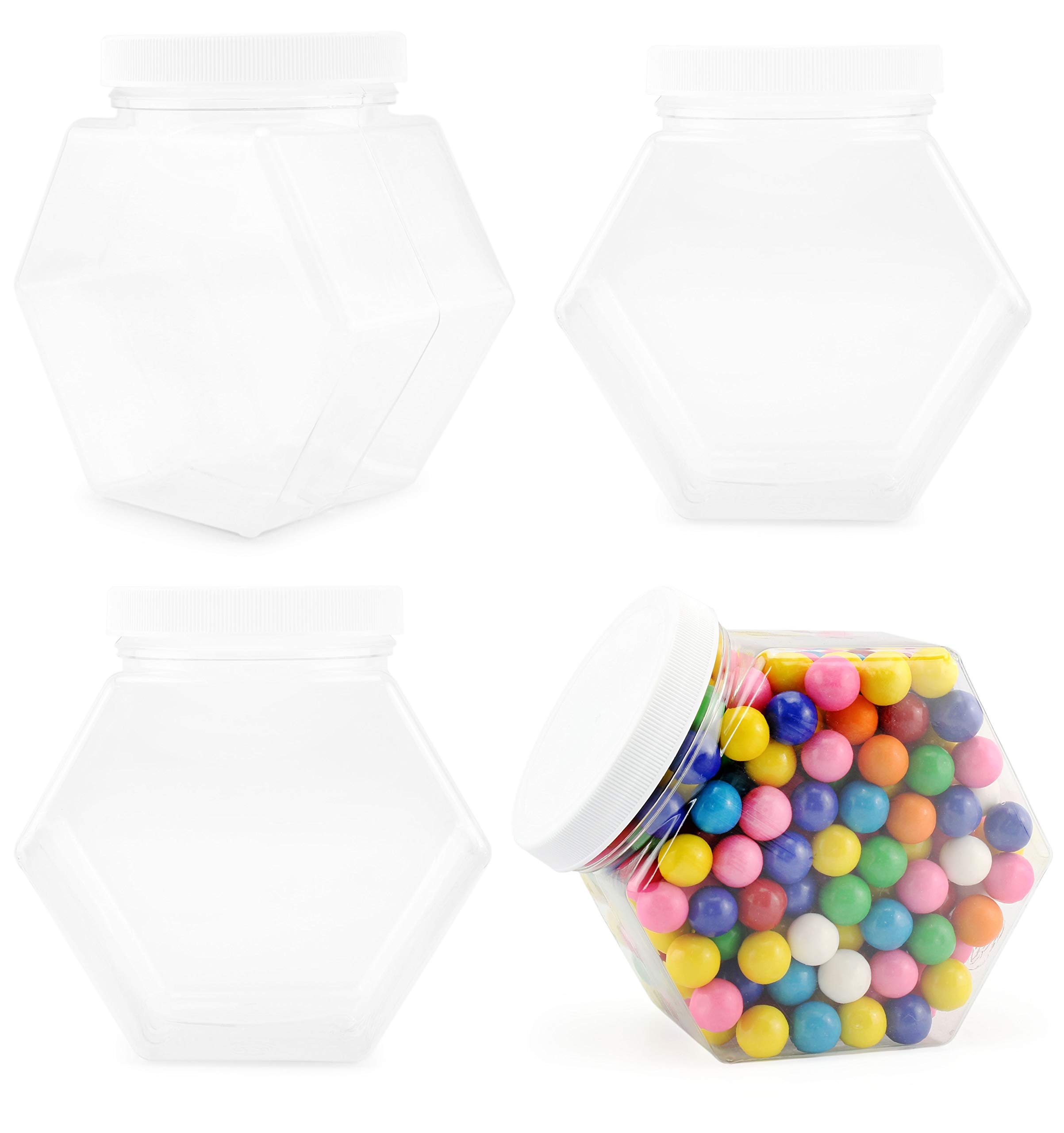 Cornucopia Plastic Hexagon Shaped Jars (4-Pack, 30oz); Value-Pack of Containers for Candy, Snacks, Gifts and Storage, 2 1/2 Cup Capacity, 5 x 5 x 3 Inches Size
