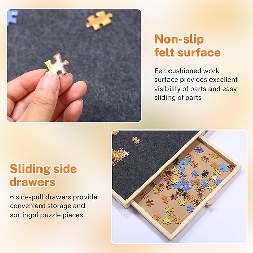 Miniatura 5 de Tablero de rompecabezas de madera de 1500 piezas, 6 cajones, mesa giratoria de rompecabezas de 35 x 27 pulgadas, superficie de fieltro y alfombrilla