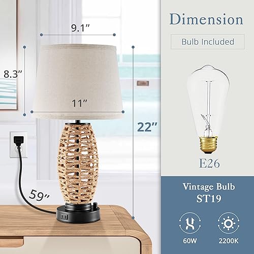 Miniatura 6 de LEDIARY Lámpara de mesa de ratán costero con salida de CA y 2 puertos USB, lámparas de mimbre 0-100% regulables para dormitorios, lámparas bohemias