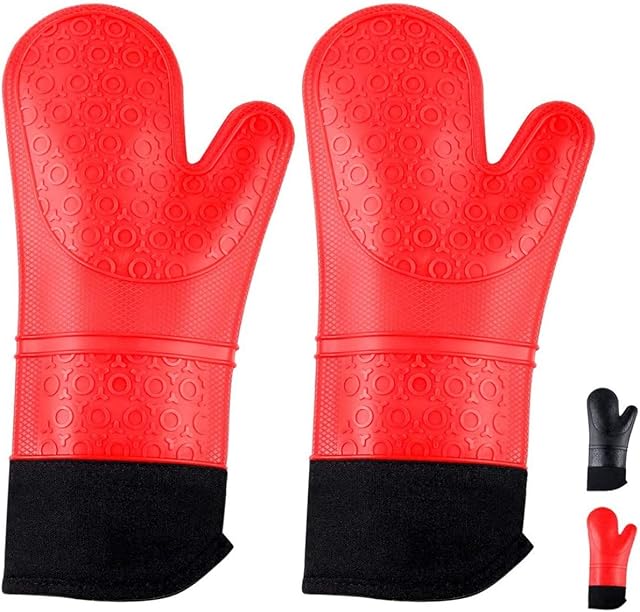 StarCooks Oven Gloves, Heat Resistant Silicone Oven Gloves Extra Long Non-Slip Oven Mitts for Grilling, Cooking, Baking, Kitchen, Microwave, Pizza (Red, 1 Pair)