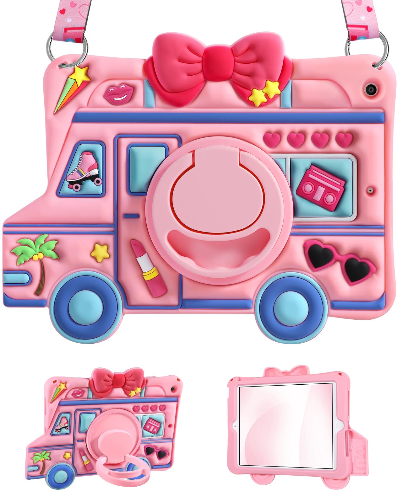for iPad 9th/8th/7th Generation Case - for Girls Cute Girly Kawaii 3D Cartoon Design with Rotating Stand Handle &amp; Shoulder Strap Silicone Cases for iPad 7/8/9th Gen 2019 2020 2021 10.2 Inch