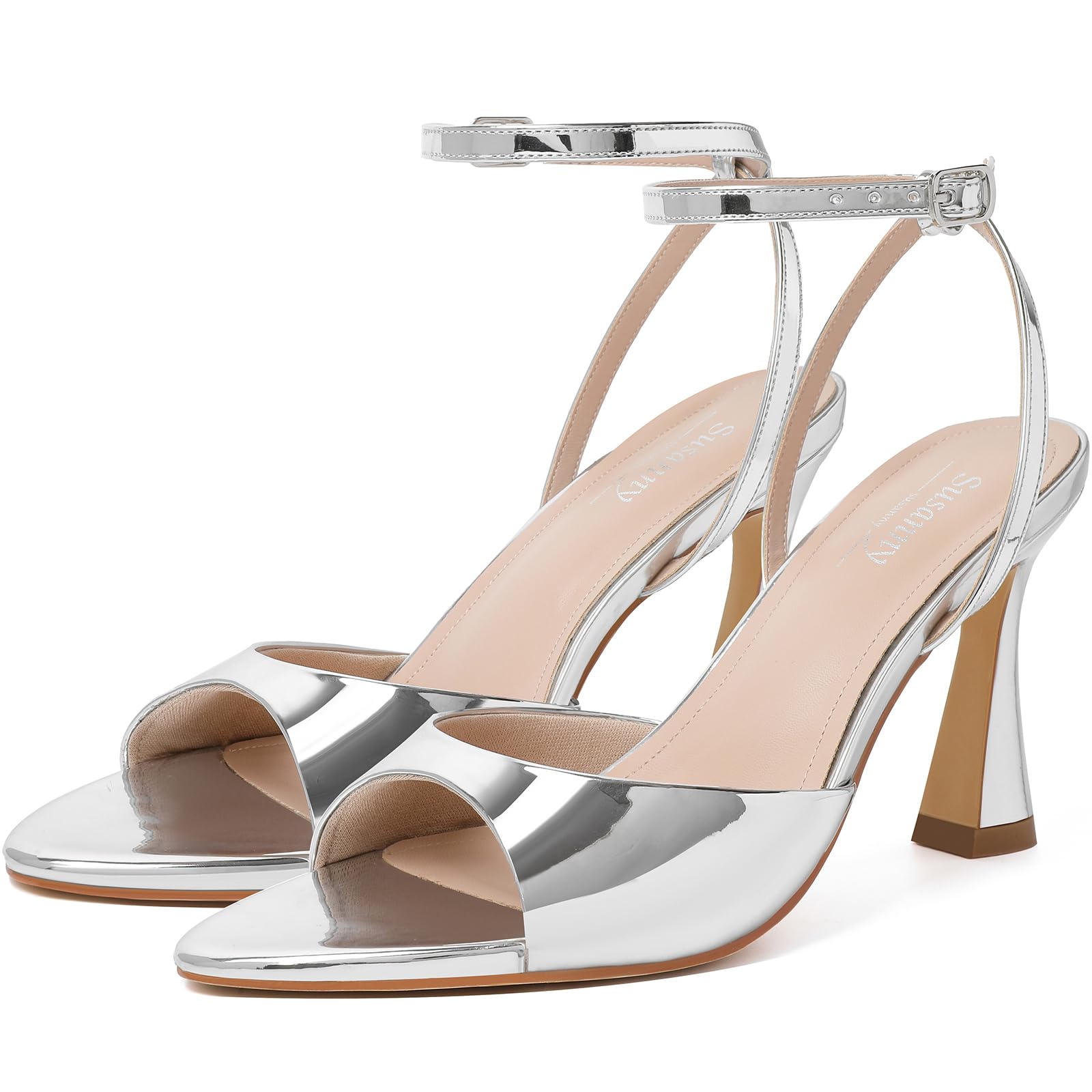 Susanny High Heels for Women Pointed Open Toe Strappy Chunky Block Heels Ankle Strap Stiletto Kitten Heeled Sandals Wedding Bridal Party Prom Sexy