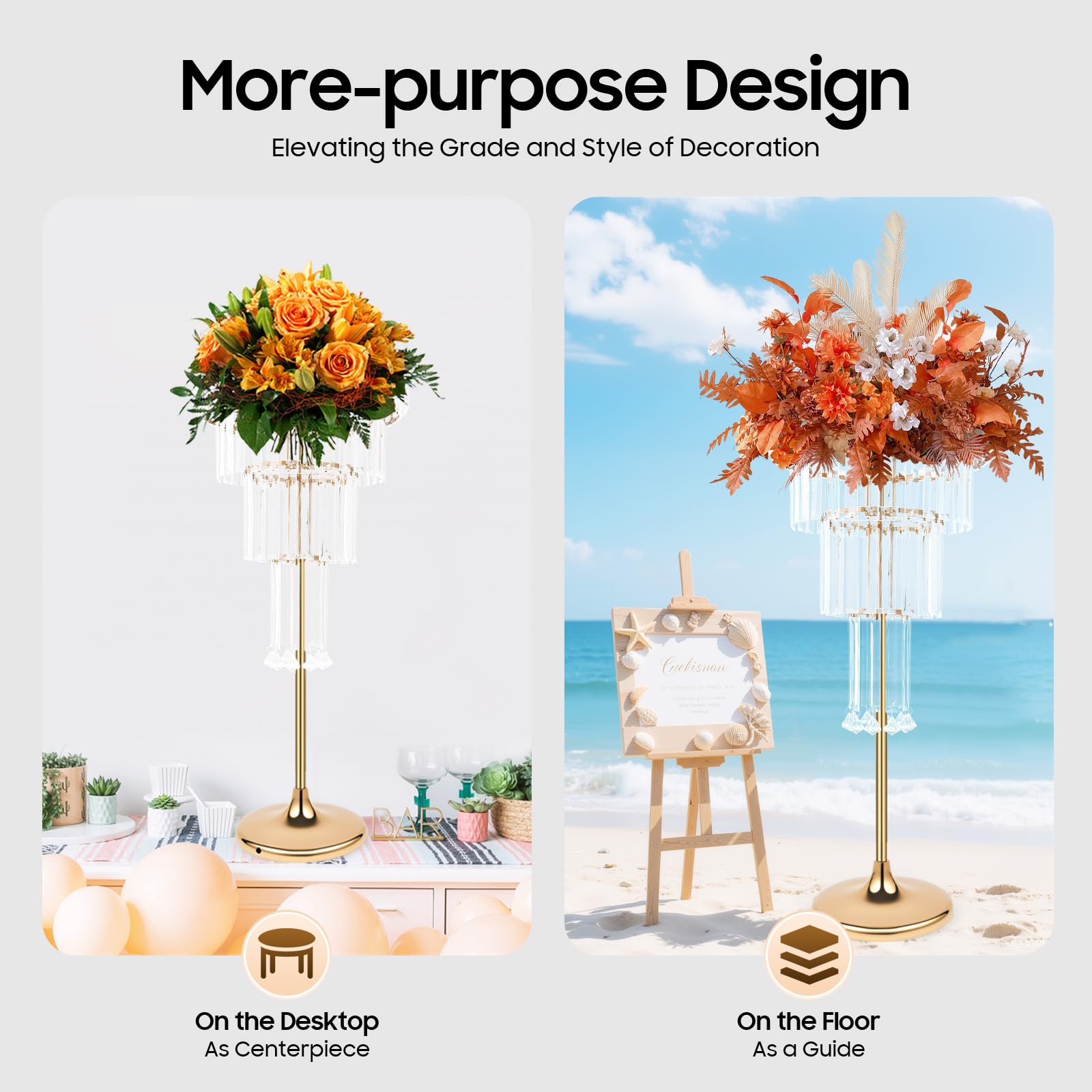 Supporto per fiori a 4 livelli in metallo con ciondoli in cristallo, oro/argento, moderno supporto per piante per matrimoni ed eventi, vaso da fiori per interni ed esterni, altezza 82 cm