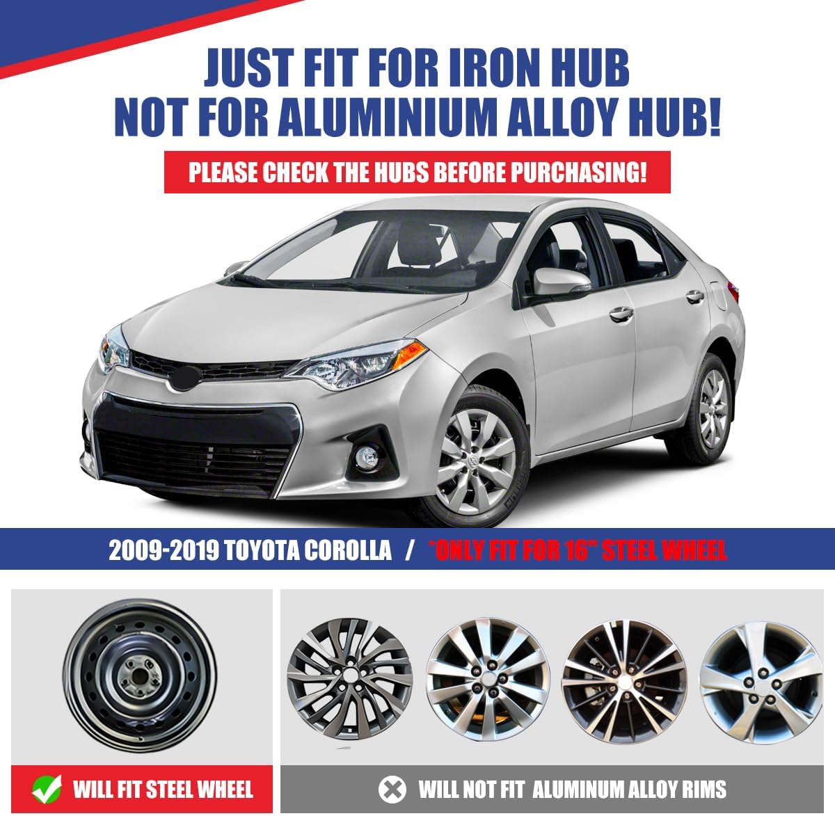 WOLFSTORM 1PC 16" Hubcap for Toyota Corolla 2014-2016 Steel Wheel, Single R16 Car Hubcaps Snap On Installation 16 Inch Wheel Rim Cover, Silver