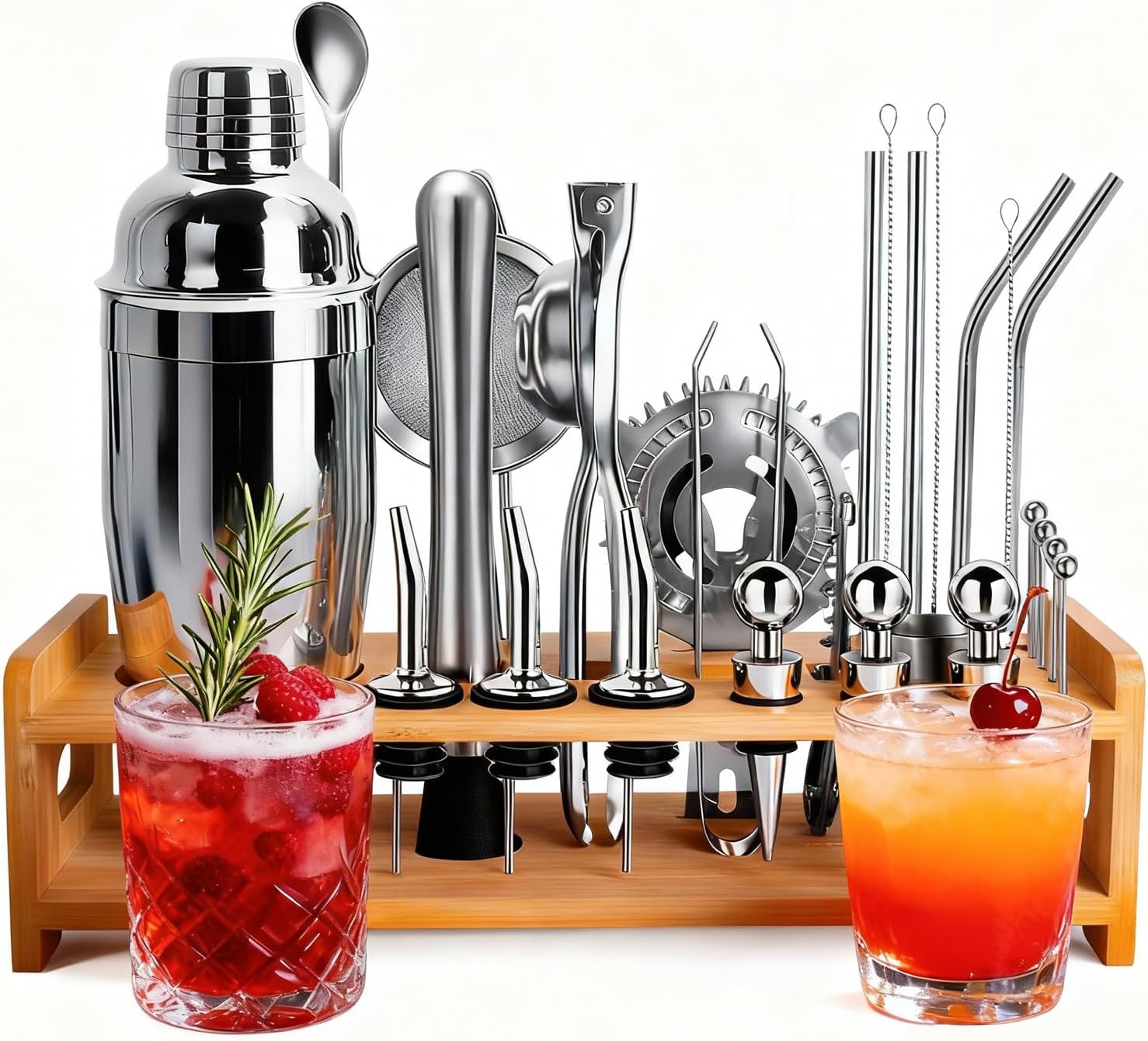 JUSTDOMI 26-Piece Cocktail Shaker Set with Stand Stainless Steel Bartender Kit, Bar Tool Set Bartender Accessories, Cocktails Kit with Muddler for Bar Accessories, Home, Party Cafe Drinks-Style2