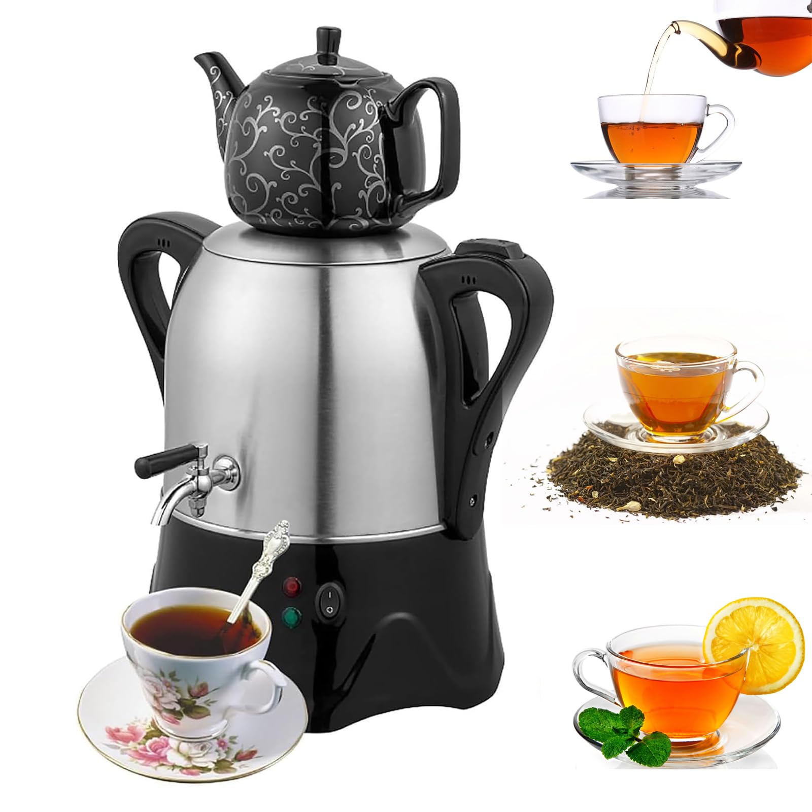 TYH Théière Électrique Turque 2000 W, Style Autofiltrant, Samovar Turc Électrique avec Fonction Maintien Au Chaud, Bouilloire Électrique À 2 Niveaux, Théière en Acier Inoxydable 3 L