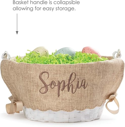 Miniatura 6 de Cesta de huevo de Pascua personalizada con asa y nombre personalizado en escritura marrón  Forros de cesta de Pascua de arpillera con borde