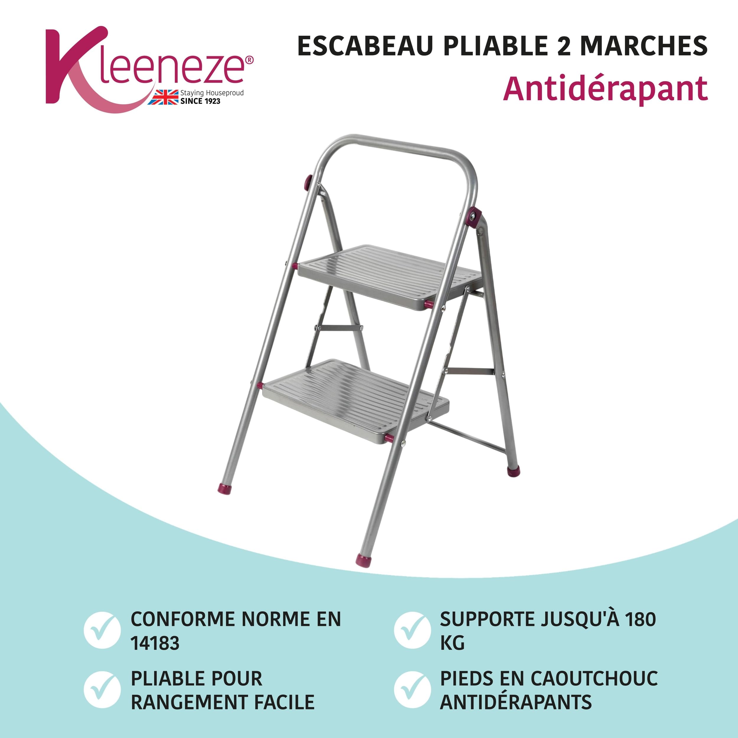 Kleeneze Escabeau Pliable à 2 Marches 80 cm, Marchepied Robuste Pliable de Bricolage, Pour Intérieur/Extérieur, Capacité max 150 kg, Facile à Ranger, Acier Allié, Pieds Antidérapant, Rose/Gris