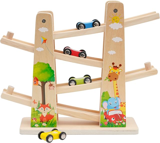 Wooden Track Car,Click Clark Race Car with 4 Cars,Car Ramp Toy for Boy Gifts Birthday Presents,Racing Track Educational Toy Gift for 1 2 3 Year Old (forest)