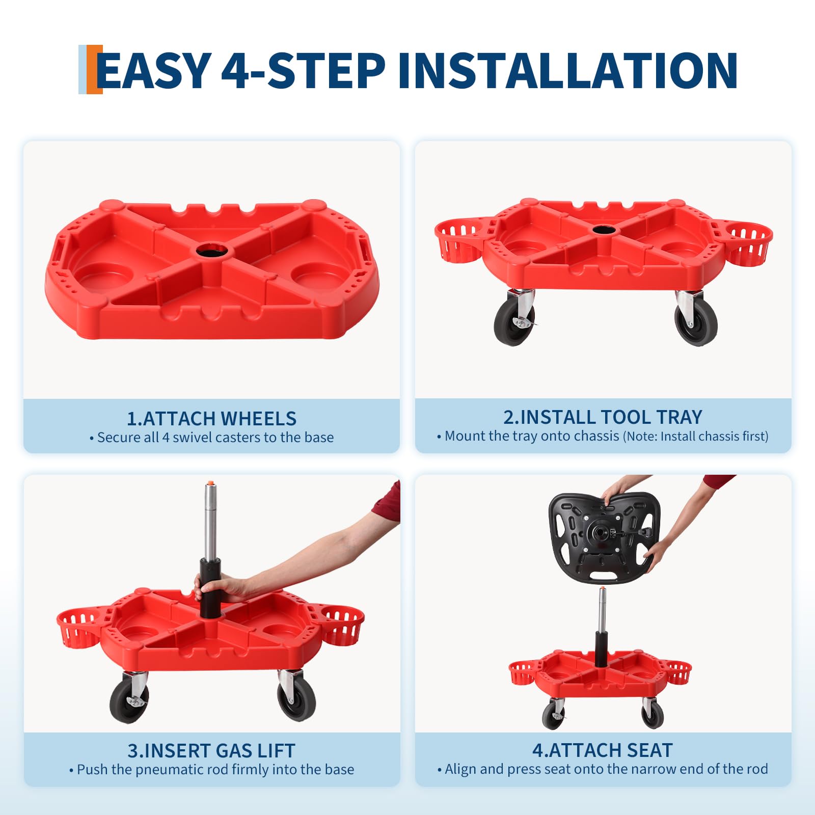 Garvee Höhenverstellbarer Werkstatthocker mit Rollen – Ergonomisch und gepolsterter Sitz, 360° dreh- und feststellbare 10 cm Rollen, abnehmbares Magnet-Werkzeugfach, ideal für Kfz-Reparatur & Garage