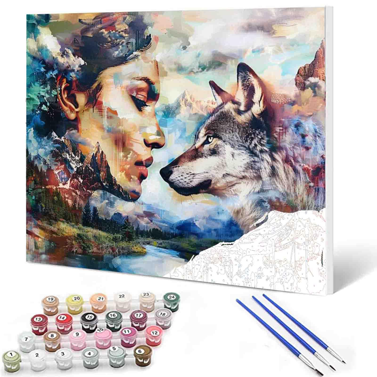 Aihonmin Paint by Numbers for Adults Beauty and The Beast Girl Grey Wolf Paintings DIY Kit for Adult Kids Beginner on Canvas Paint Acrylic Home Bedroom Wall Decor Handmade Holiday Gifts（Frameless