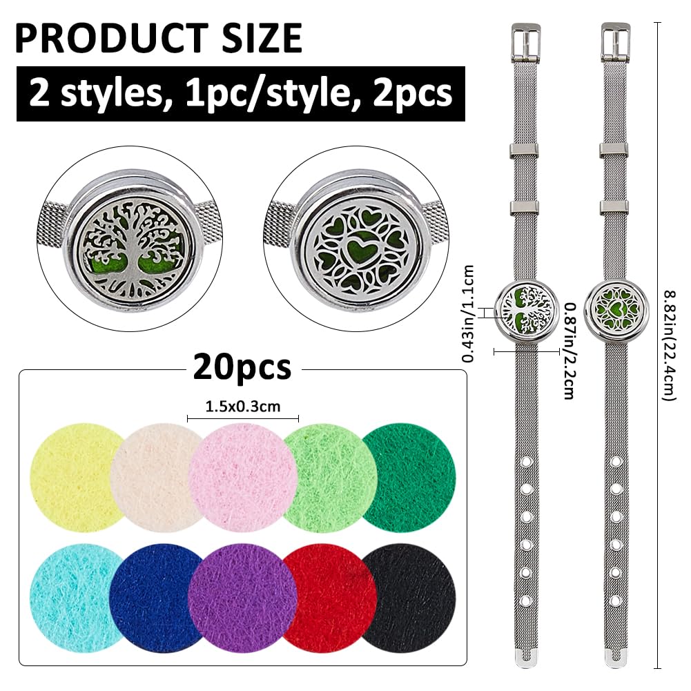 SUPERFINDINGS 2 pulseras difusoras de aceites esenciales para aromaterapia, ajustables, redondas, planas, con 20 almohadillas de fieltro, regalo para el día de la madre, Navidad