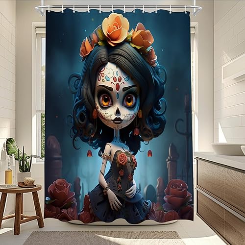 Miniatura 2 de Juego de cortinas de ducha con diseño de calavera de azúcar, para Halloween, Día de los Muertos, cortinas de baño con flores rosas, juego de