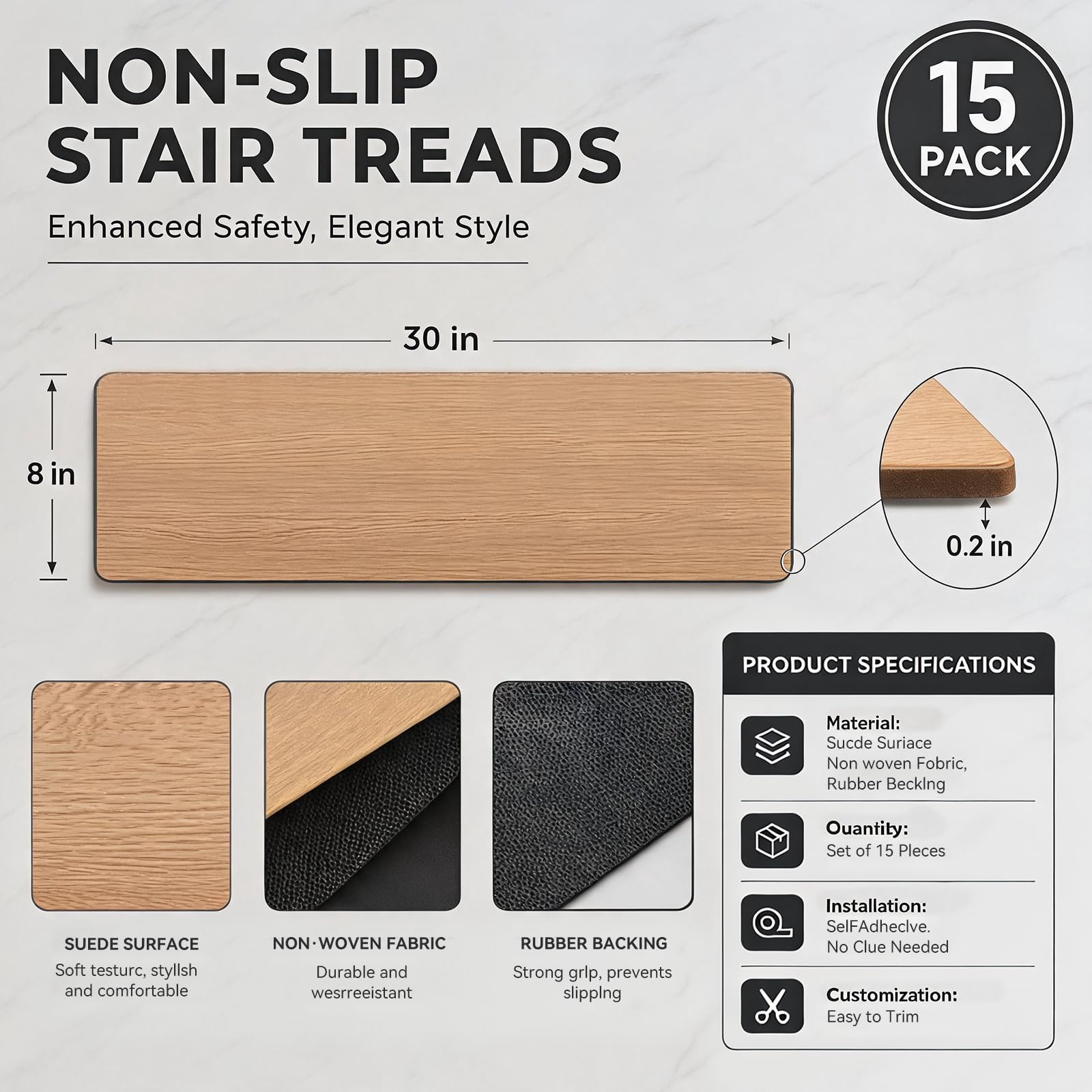 Aucuda Lot de 15 tapis d'escalier autocollants pour marches en bois, 76 x 20 cm, antidérapant, pour protection des escaliers, tapis d'escalier pour personnes âgées et animaux domestiques (modèle 1)