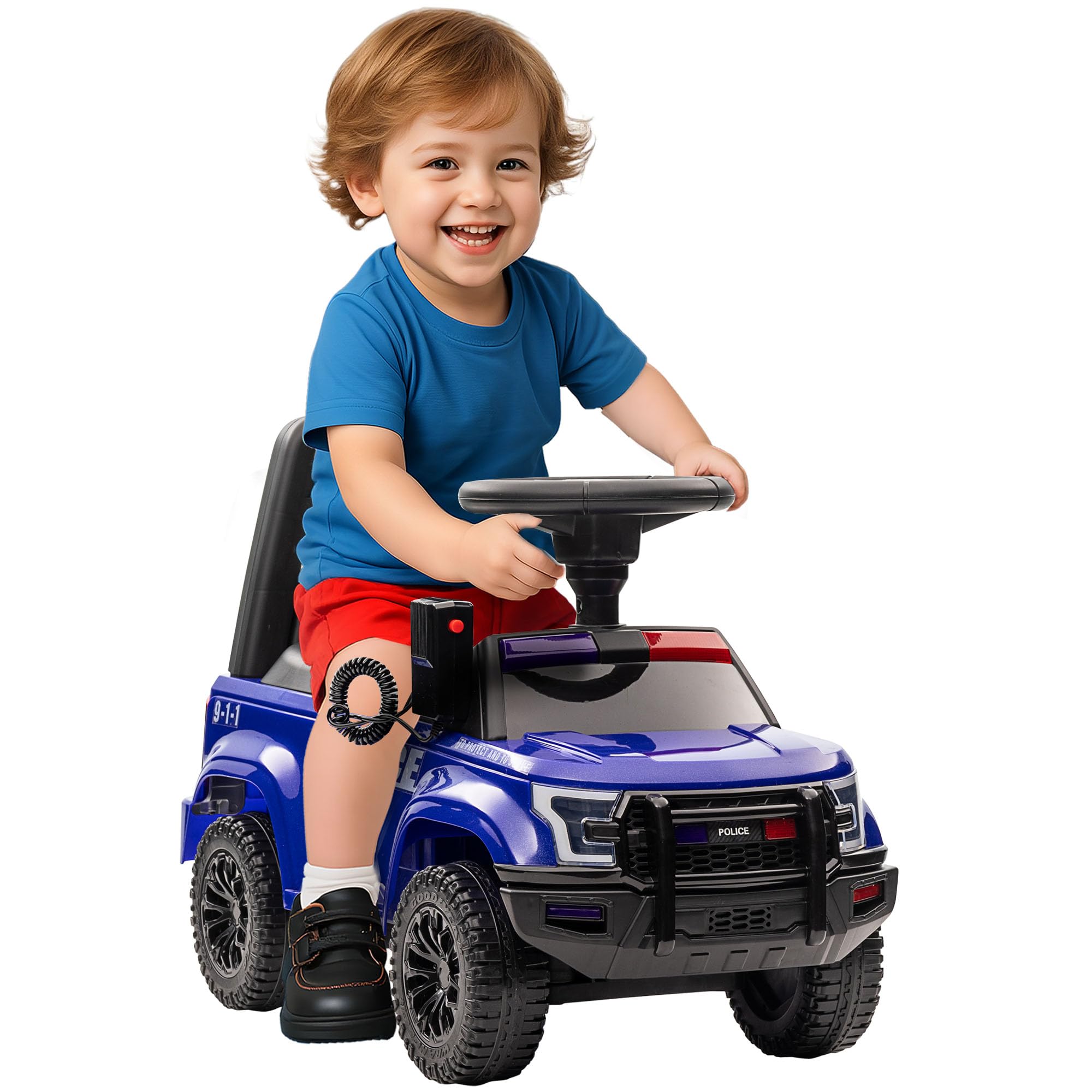 Aosom Kids Push Ride On Car with Working PA System and Horn, Police Truck Style Foot-to-Floor Sliding Car for Boys and Girls with Under-Seat Storage,