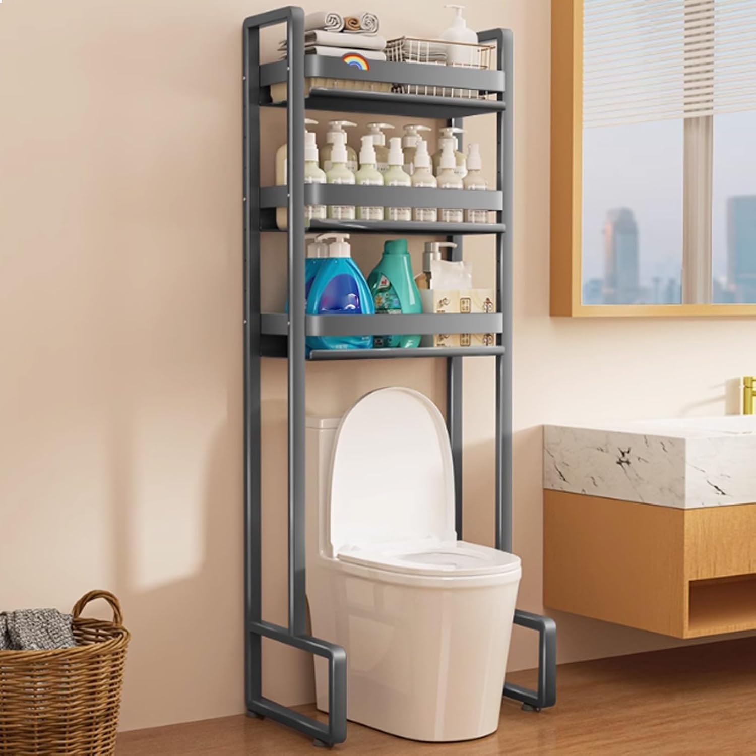 Over The Toilet Storage, Metal 3-Tier Toilet Storage Rack, Freestanding Bathroom Shelf Organizer with Anti-Tip Device, with Adjustable Shelf, Thickened Steel Pipes(White)
