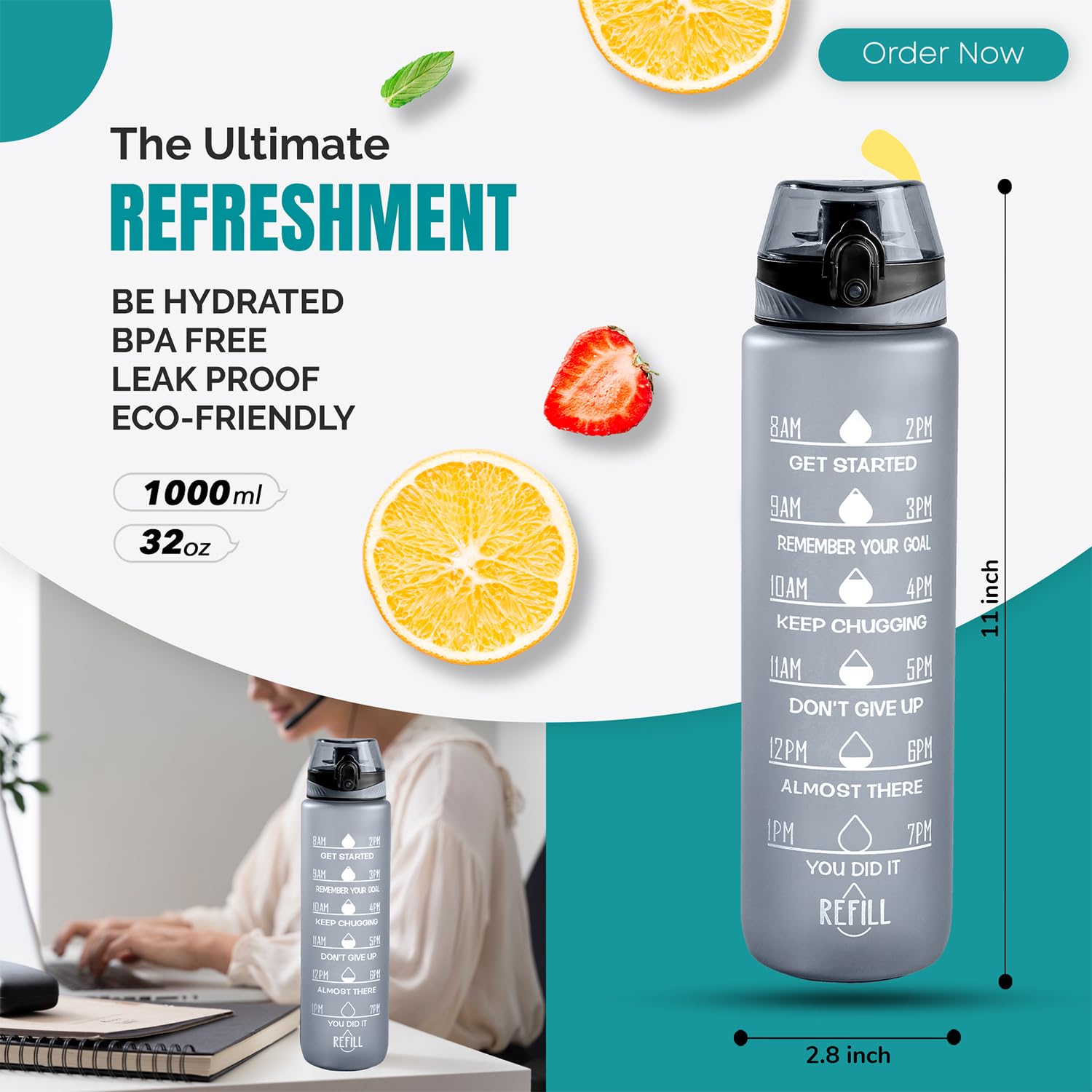 K-MART Bouteille D'eau Sport 1L – Marquages De Temps, Anti-fuite, Lave-vaisselle, Sans BPA, Poignée Et Dragonne