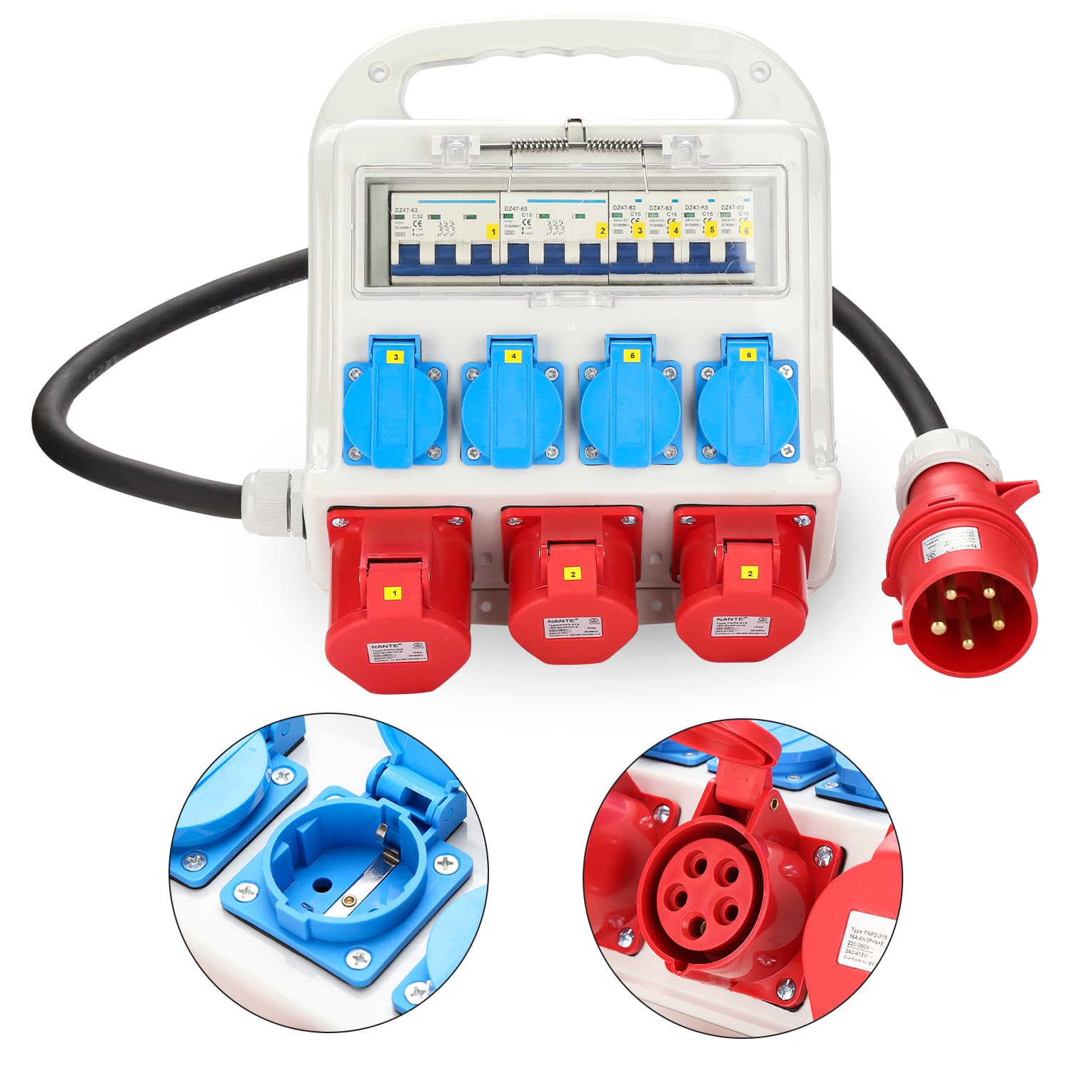 Herrselsam - Distribuidor de corriente para construcción, 2 CEE 16A 400V+1x CEE 32A 400V+4x 230V Schuko con cable de alimentación de 1,2 m con disyuntor, sitio interior exterior
