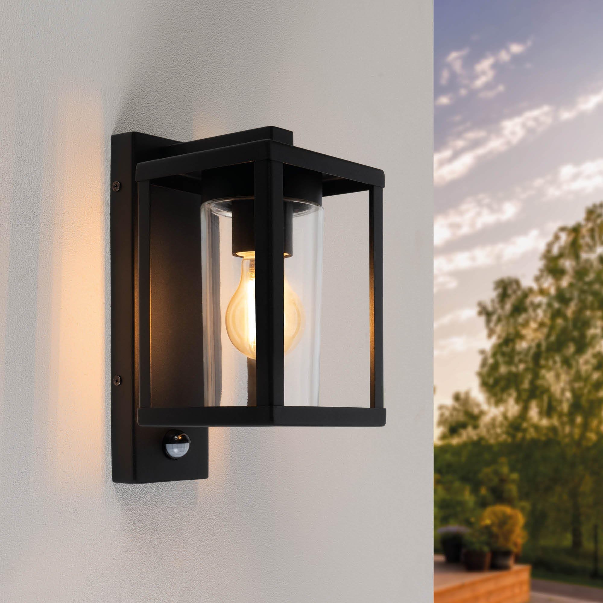 Ledvion - Lámpara de Pared LED con Sensor, Casquillo E27, IP44, Negra y Cuadrada, Lámpara Exterior, Iluminación Exterior