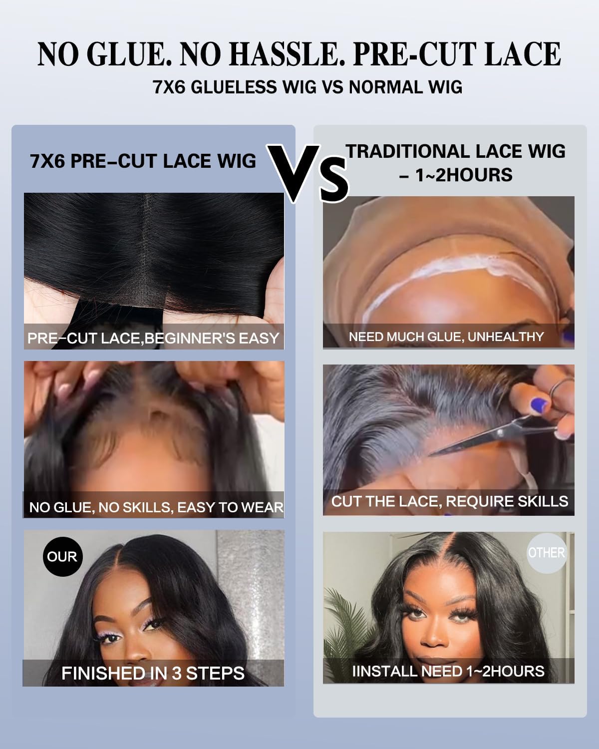 Glueless Wigs Human Hair Pre Plucked Pre Cut 250 Density 7x6 Lace Front Wigs Body Wave Closure Wig For Women 100% Human Hair Natural Black Color 24inch