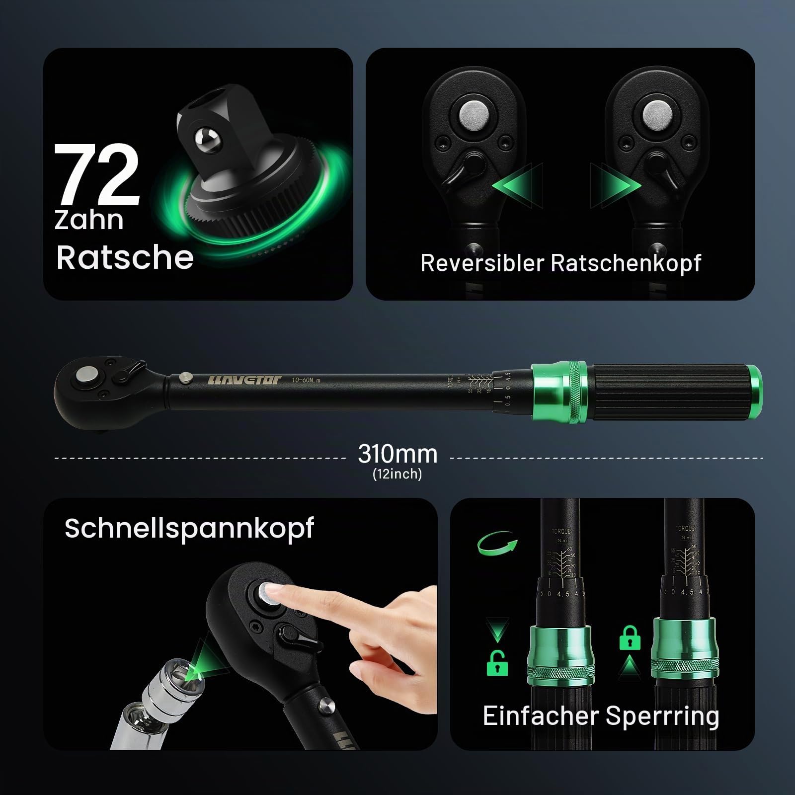 Drehmomentschlüssel 3/8”, 5-60NM Drehmomentschlüssel Fahrrad & Motorad Auto Set,±3% Fehlergenauigkeit, mit Verlängerungsstange, Magnetische Zündkerzenhülse (10-60Nm(14tlg))
