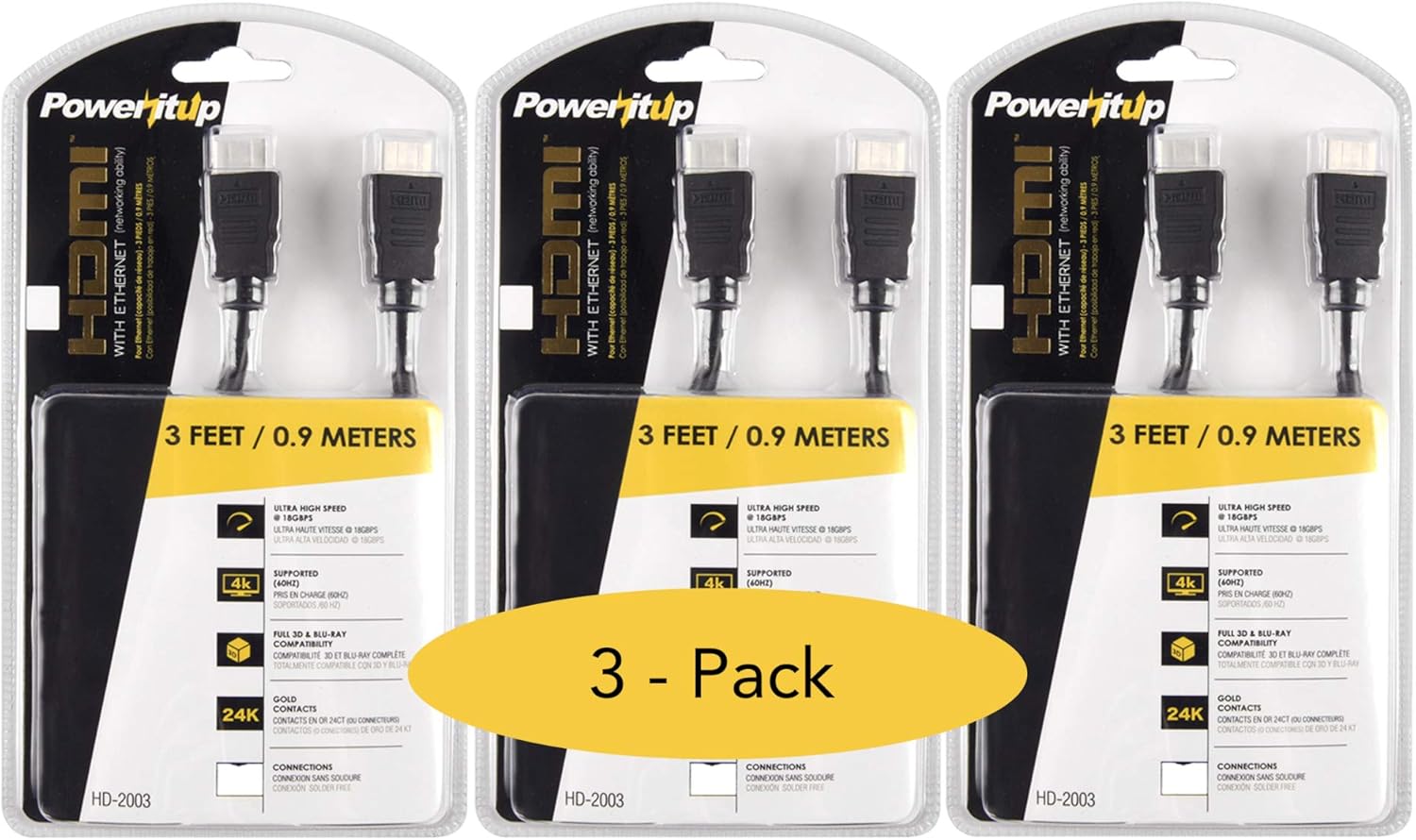 3ft. HDMI V2.0 Ethernet Cable, 4K (60Hz),3D, Blu-ray, Audio Return Supported, 30AWG / 6.0mm, Use with HDTV/Projector/LCD or Electronic Devices, 3 feet Cable, 3 CABELS Included