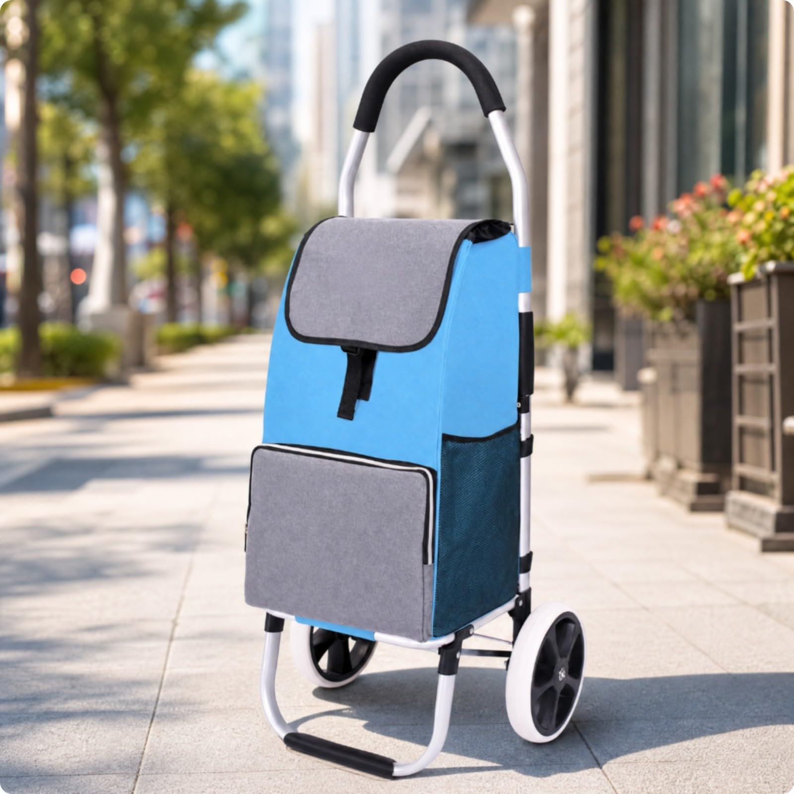 rockible Zweirädrig Einkaufstrolley mit Stofftasche Faltbar Klappbar Einkaufstrolley aus Aluminium Große Räd Transportwagen mit Reißvschlusstasche, Himmelblau