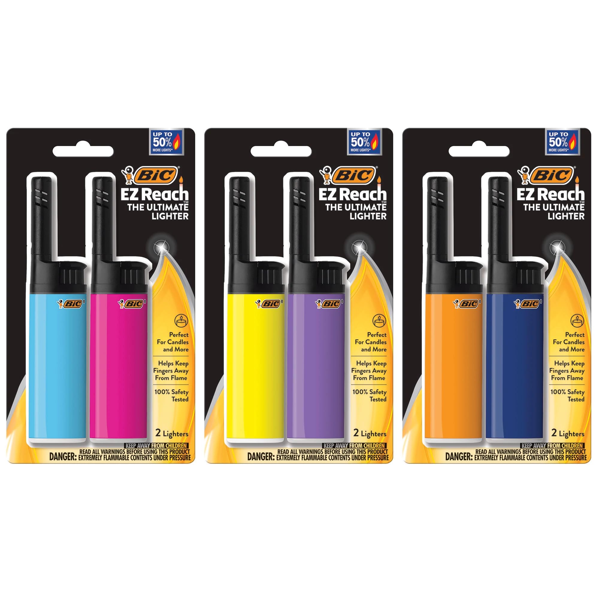 BIC EZ Reach Lighters, Versatile Holiday Lighters, Assorted Colors, 6-Pack (Colors May Vary)