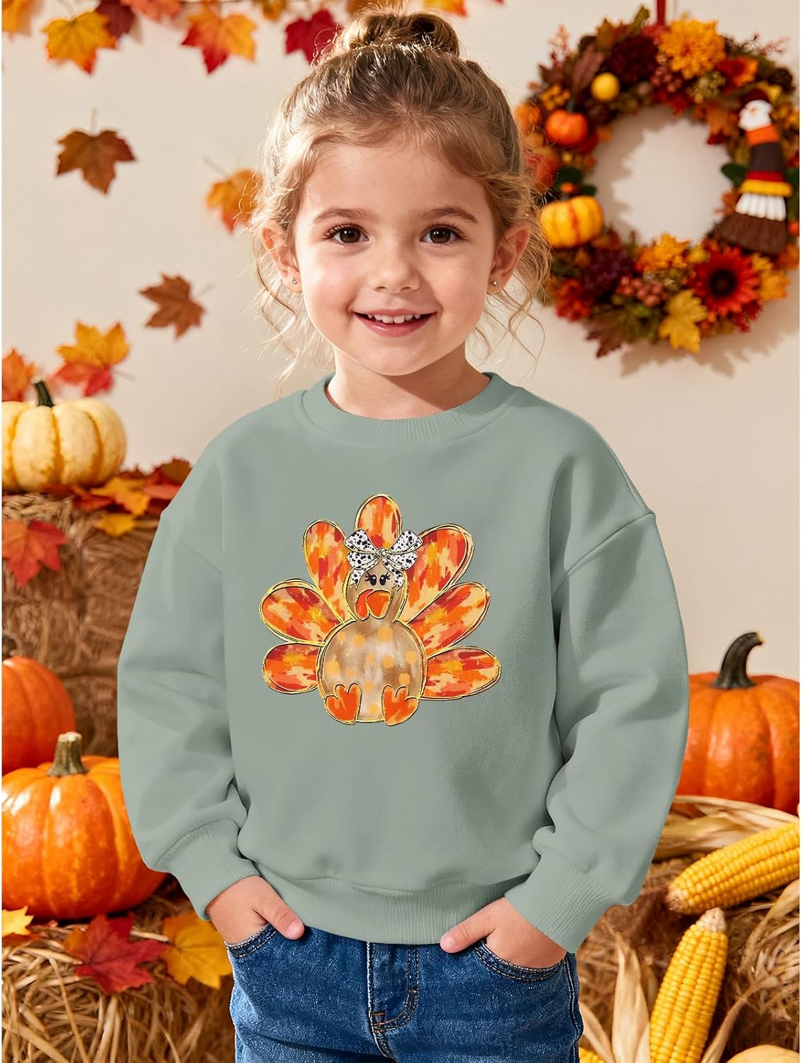 CM C&M WODRO Toddler Girl Thanksgiving Outfit Cute Funny Turkey Crewneck Sweatshirt Pullover Kids Long Sleeve Shirt Fall Top (Green, 4-5T)