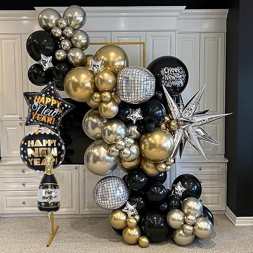 Miniatura 3 de Kit de guirnalda de arco de globos negros y dorados y plateados, decoración de fiesta de Año Nuevo, botella de champán Starburst para decoración de