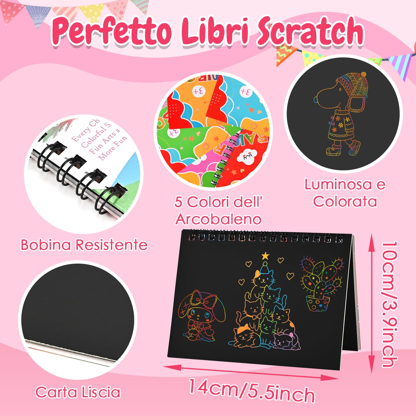 GOLDGE Libri Scratch Art Bambini, 20 Set Gadget Compleanno Bambini | con Stencil, Scratch Notebook, Sacchetti, Penne in Legno, Regalini Fine Festa Compleanno per Bambini 3-12 Anni