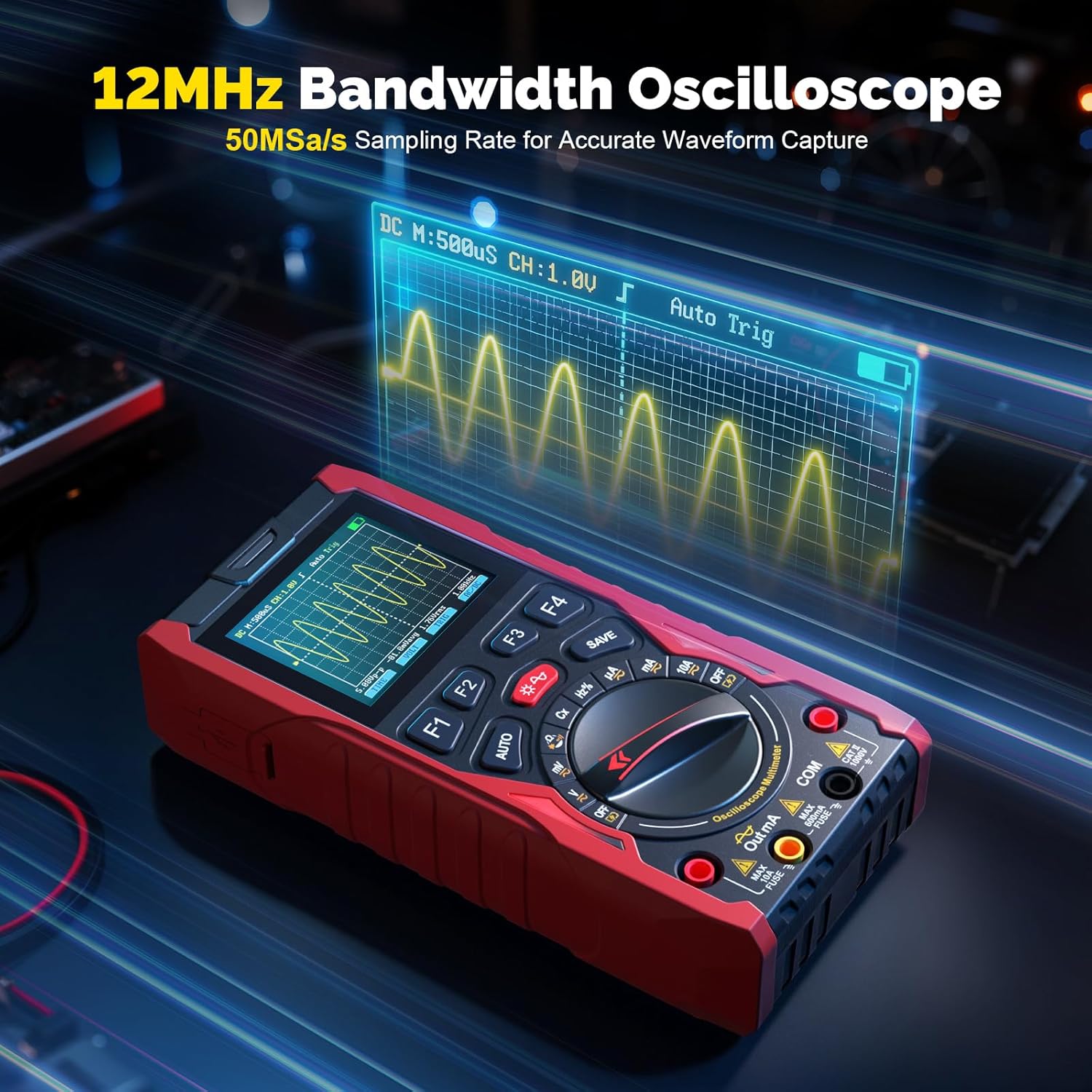 3-in-1 Handheld Oscilloscope Multimeter with Signal Generator, 12MHz Bandwidth 50MS/s Portable Digital Oscilloscope Multimeter, True RMS Auto-Ranging, 1500mAh Battery for Electronics Repair