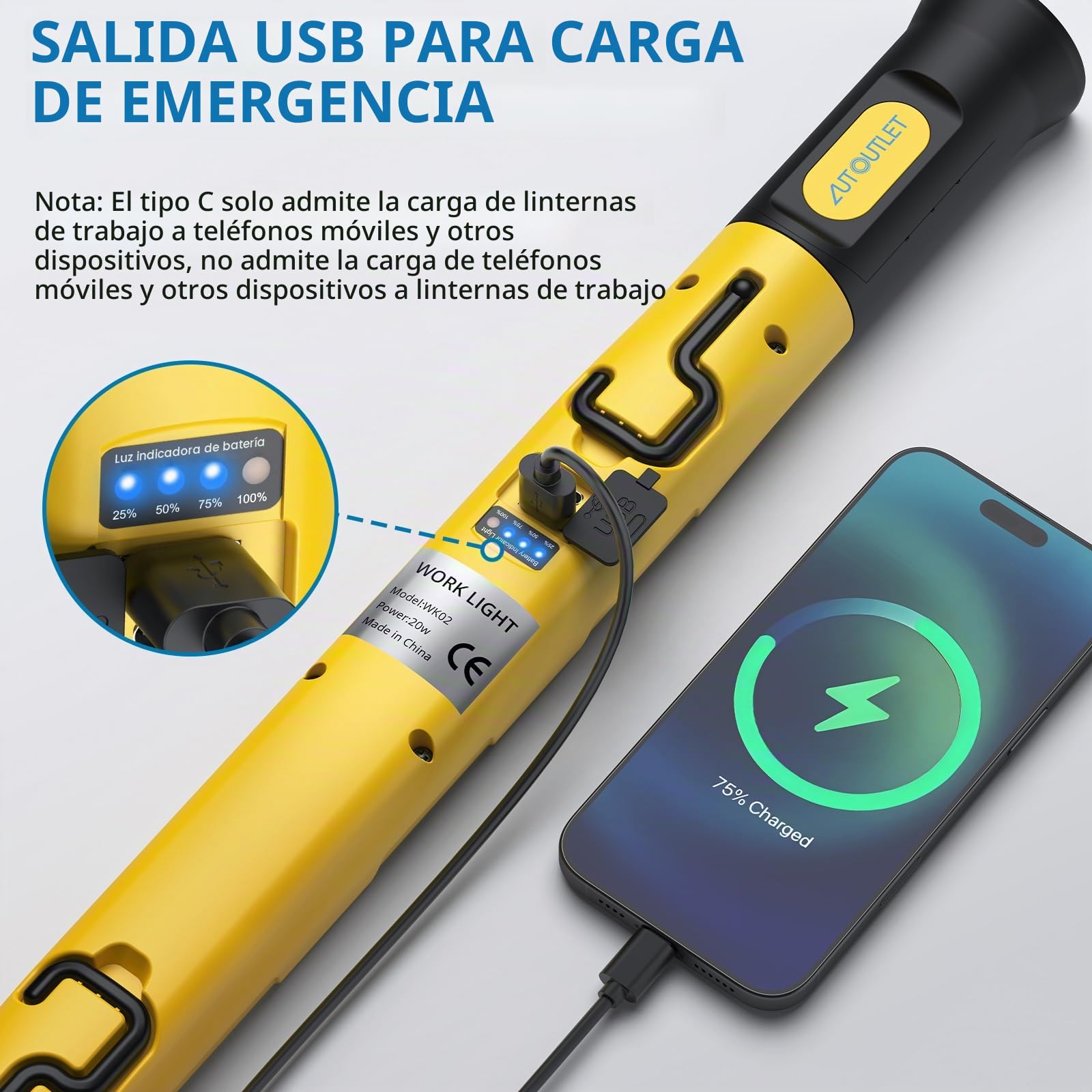 AUTOUTLET Lámpara de Trabajo LED Recargable Magnética 6000mAh 3000 Lúmenes, 3 Colores de Luz, Impermeable Banco de energía de Emergencia con Gancho Giratorio 360° para Taller, Camping y Garaje