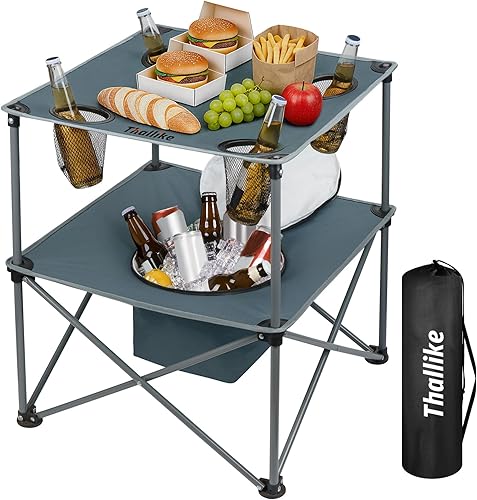 Mesa de picnic portátil para acampar con enfriador, mesa de playa plegable con 4 soportes para tazas resistentes al desgarro, bolsa de transporte