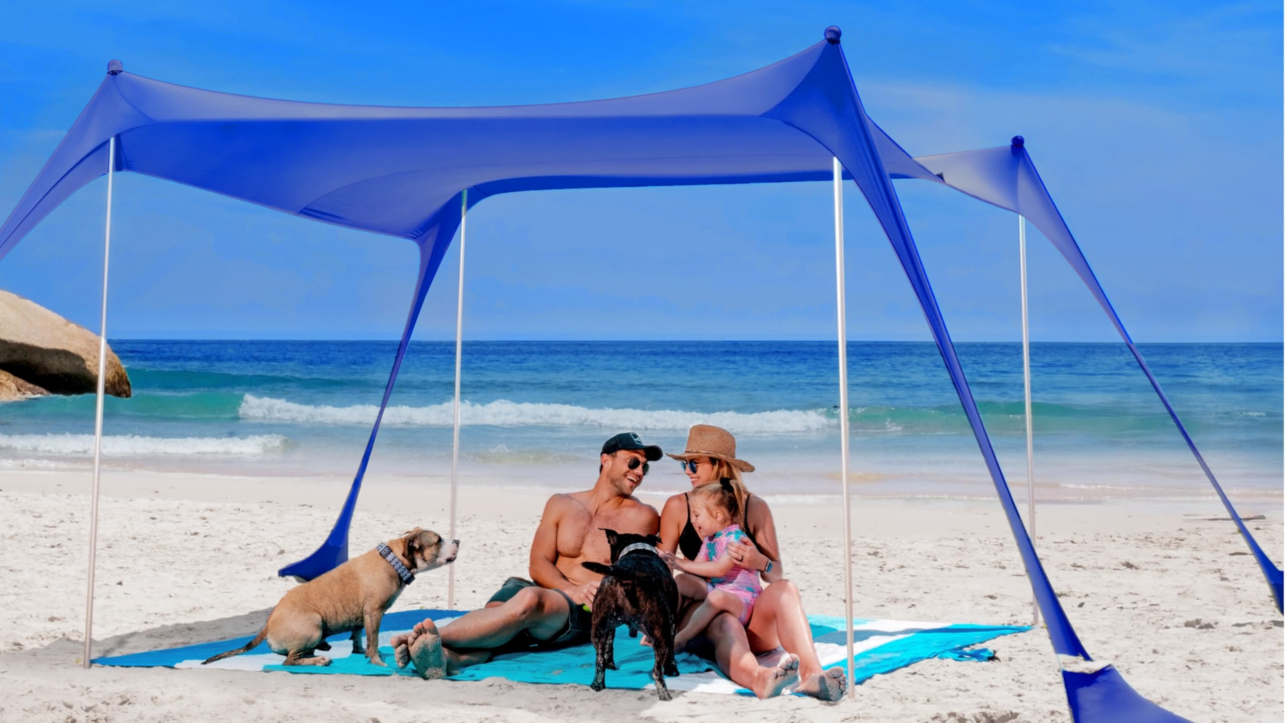 SUN NINJA Beach Tent Sun Shelter UPF50+ - Easy Pop Up Beach Canopy - Outdoor Shade for Camping Trips, Fishing, Backyard Fun Picnics - Sand Shovel, Ground Pegs & Stability Poles