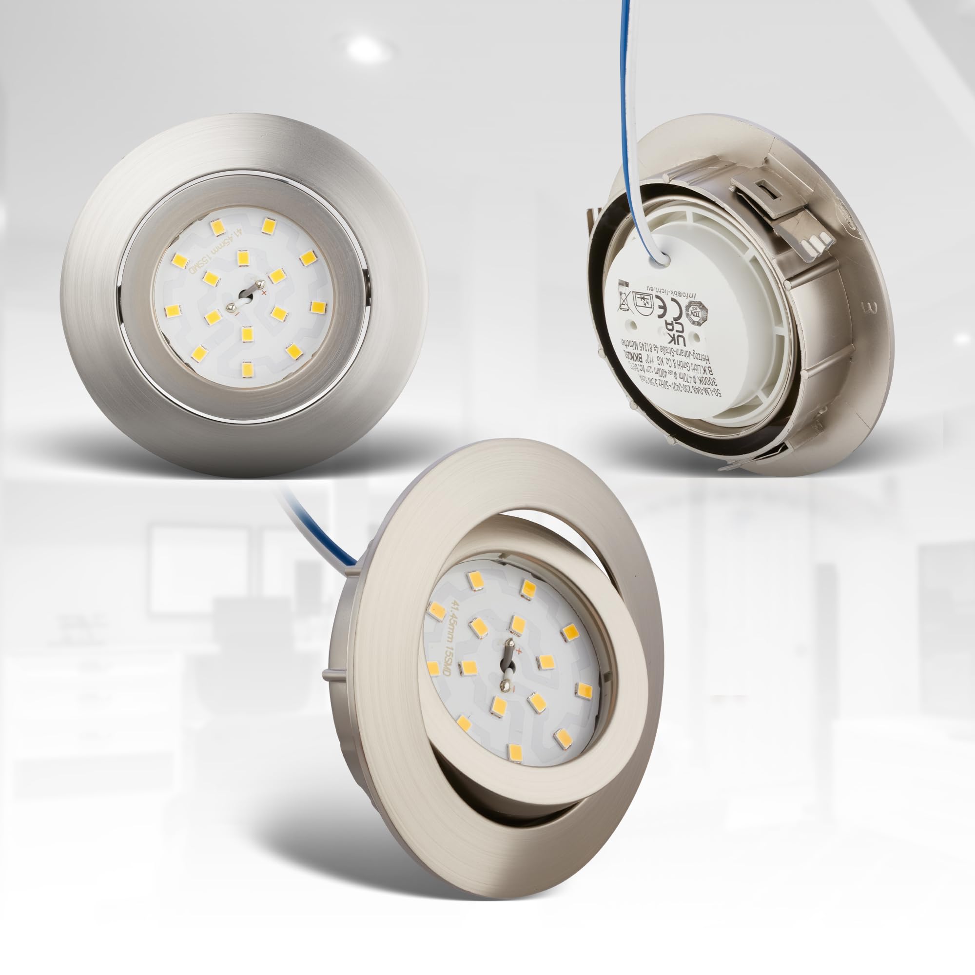 B.K.Licht - 5er Set LED Einbaustrahler 230V dimmbar in Stufen, schwenkbar, Lochdurchmesser 68mm, LED Spot, flach, Deckenspots, Spots, Einbauleuchten, Einbauspots, 82x28 mm, Matt-Nickel