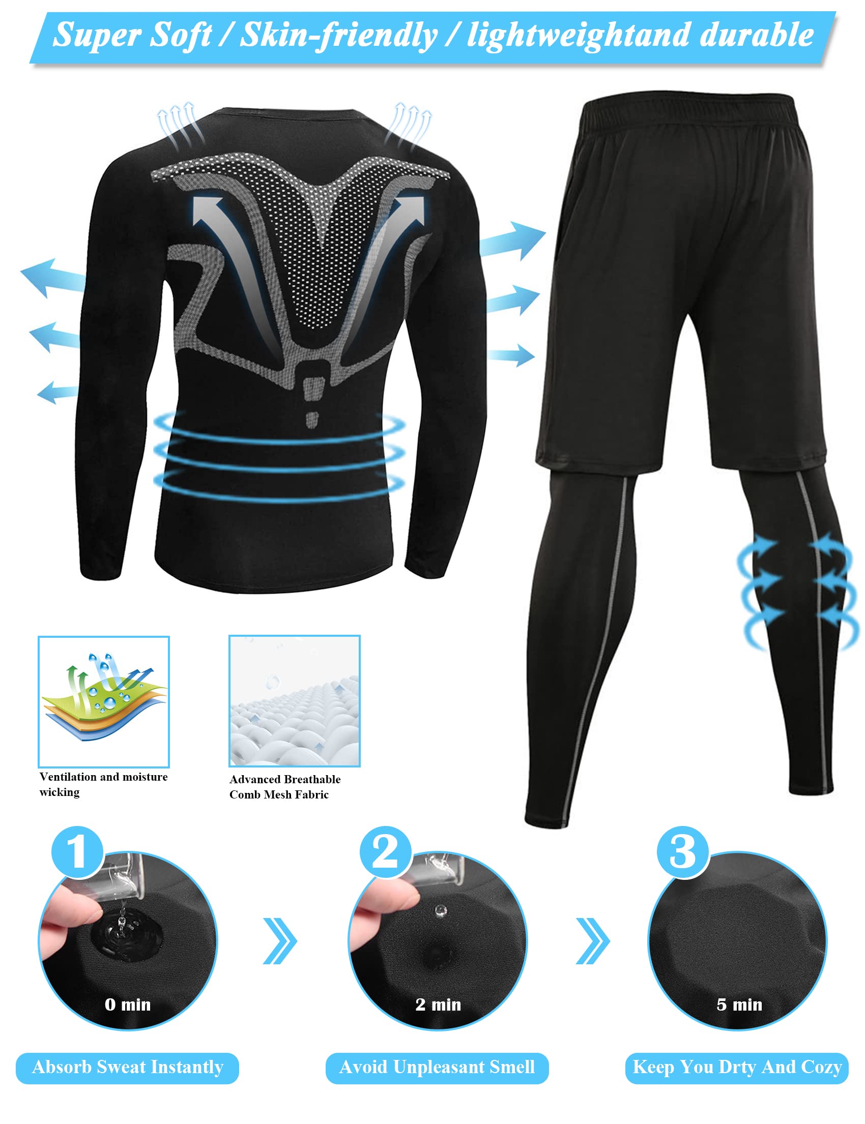 Terecey 3 Pezzi Completo Palestra Uomo, Completo Corsa Uomo Running Tuta Compressione Uomo Asciugatura Rapida Maglietta Compressione Pantaloncini Sportivo Leggings Uomo M-3XL