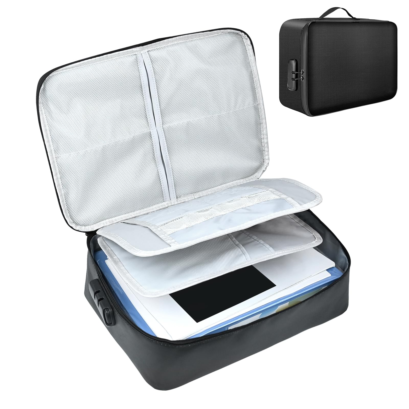 Bolsa de documentos ignífuga, impermeable, 38 x 28 x 10 cm, 4 capas, gran capacidad, ignífuga, con cerradura, caja de almacenamiento segura para pasaportes, certificados, documentos legales, objetos