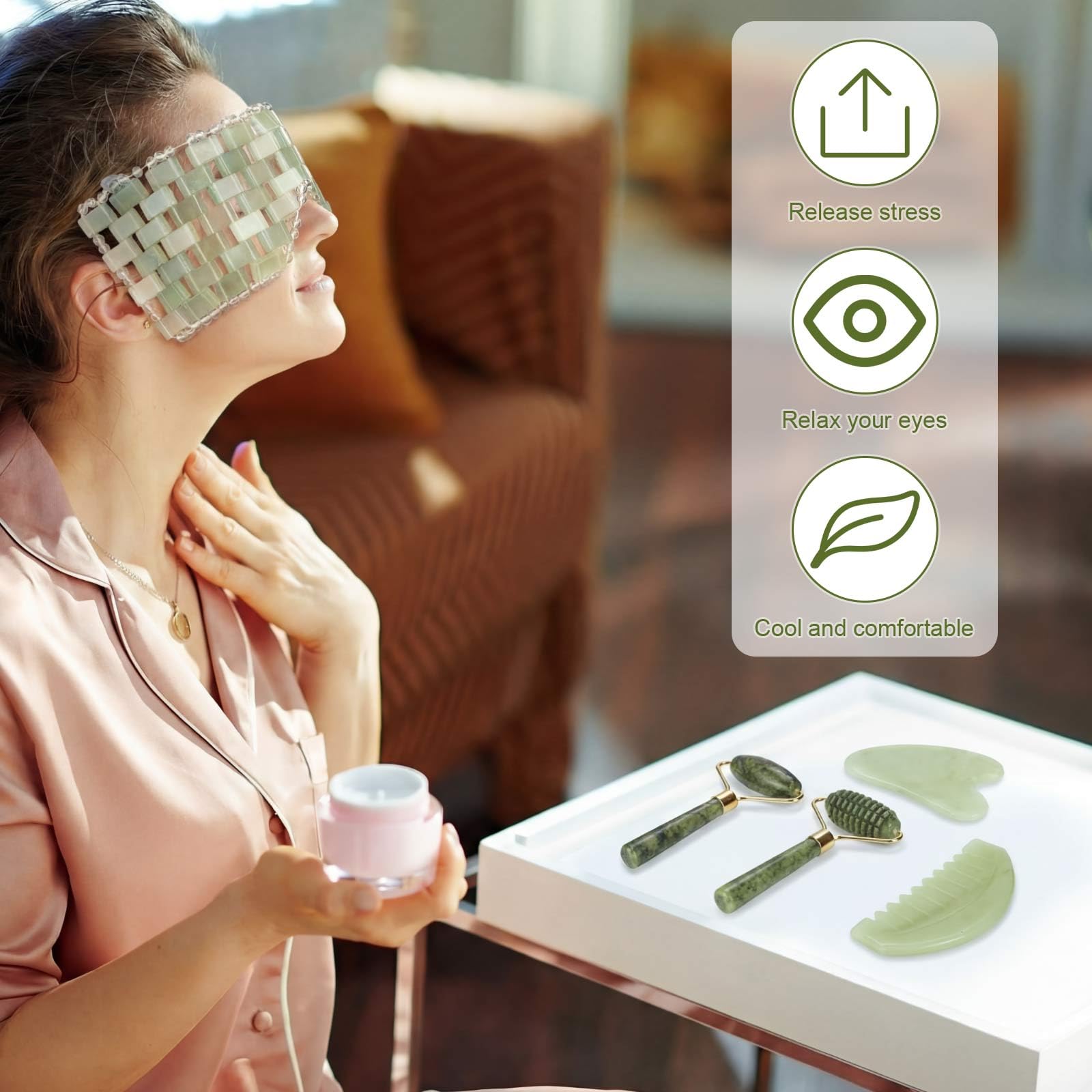 Sliner 10 Pcs Gua Sha Facial Tools Set Jade Eye Mask Scalp Hair Comb Spiked Roller Jade Stone Eye Mask Gua Sha Board White Facial Cooling Set for Spa Relax Alleviate Puffiness Esthetician Supplies