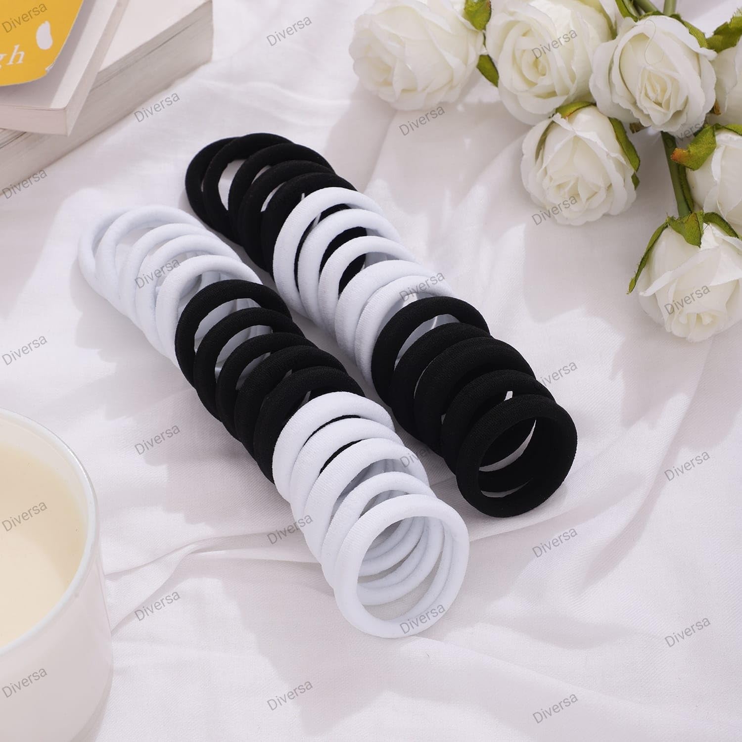 Diversa Seamless Thick Cotton Hair Rubber Bands, Durable Elastic Ties, Ponytail Holders, Hair Accessories for Women & Girls - White & Black (Pack of 30 Pcs)