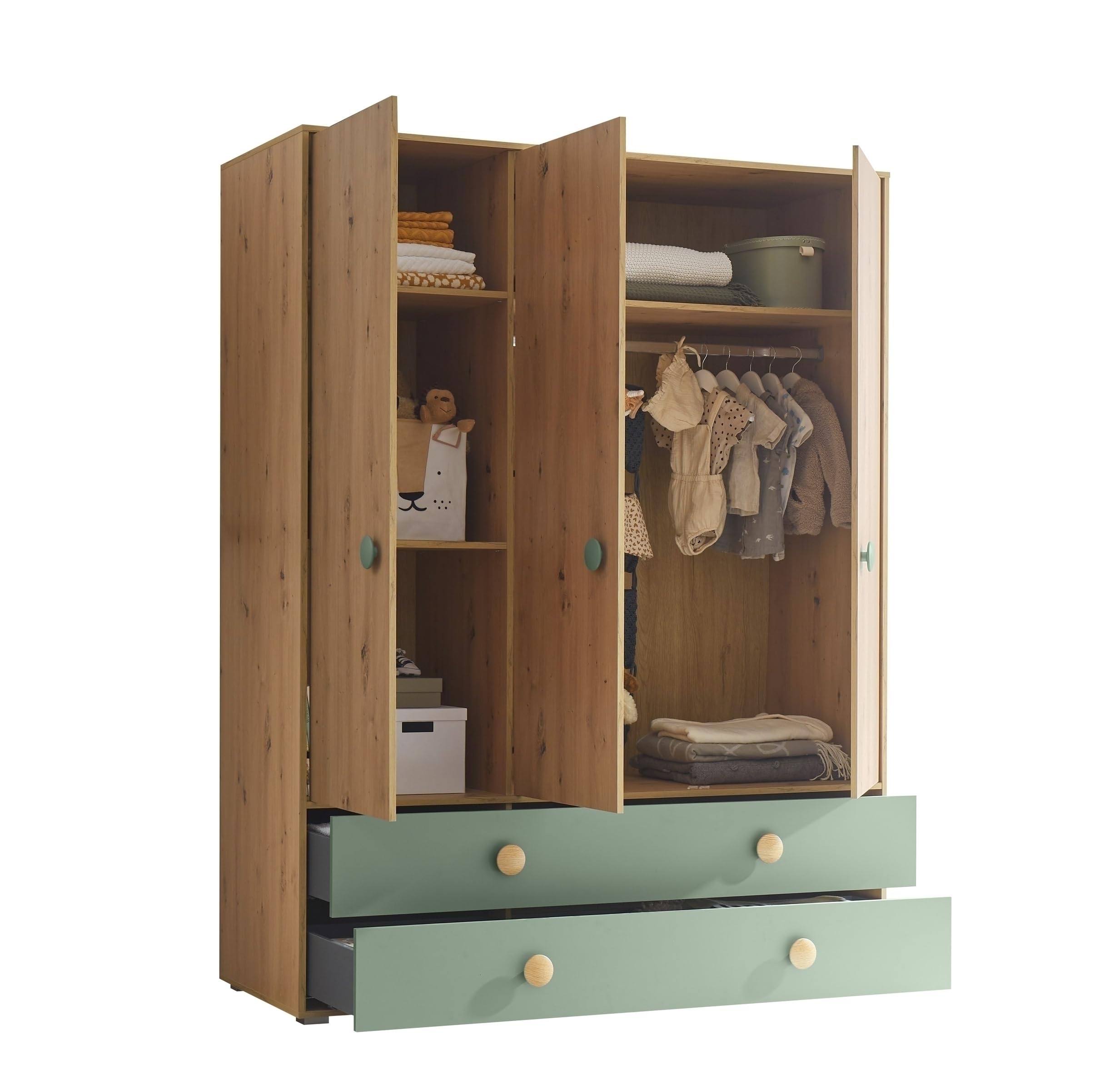 Babyzimmer-Komplettset >Birta< Kleiderschrank 153,8x200x58,2cm, Babybett 78x90x143cm, Wickelkommode 120x99,3x77,6cm, Wandboard 120x30x25,5cm, Regal 60x200x38,2cm, Artisan Eiche Dekor / Salbei.
