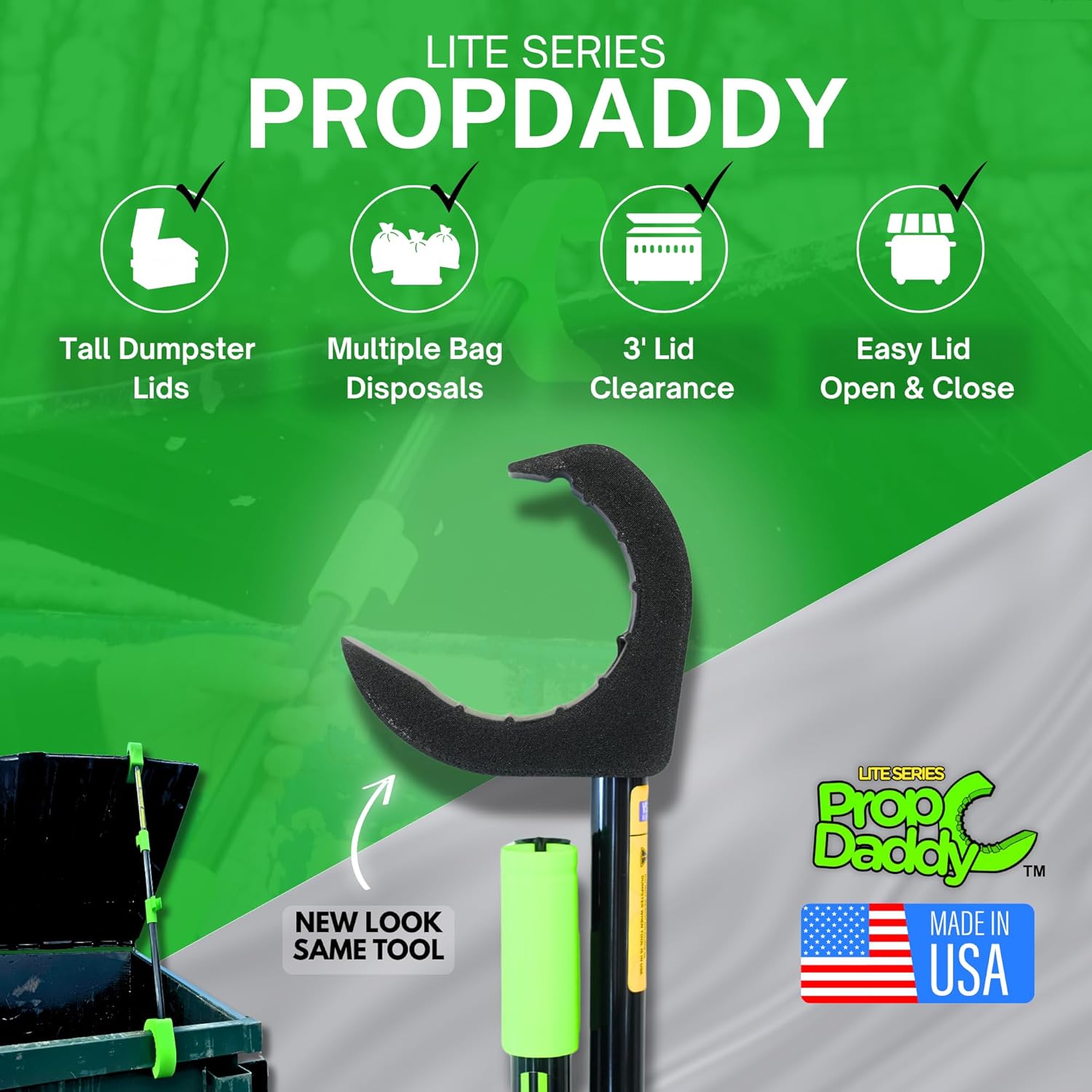PropDaddy Trash and Recycling Dumpster Lid Prop Tool, Non-Contact Dumpster Opener, 3 Foot Lid Clearance, Black and Green