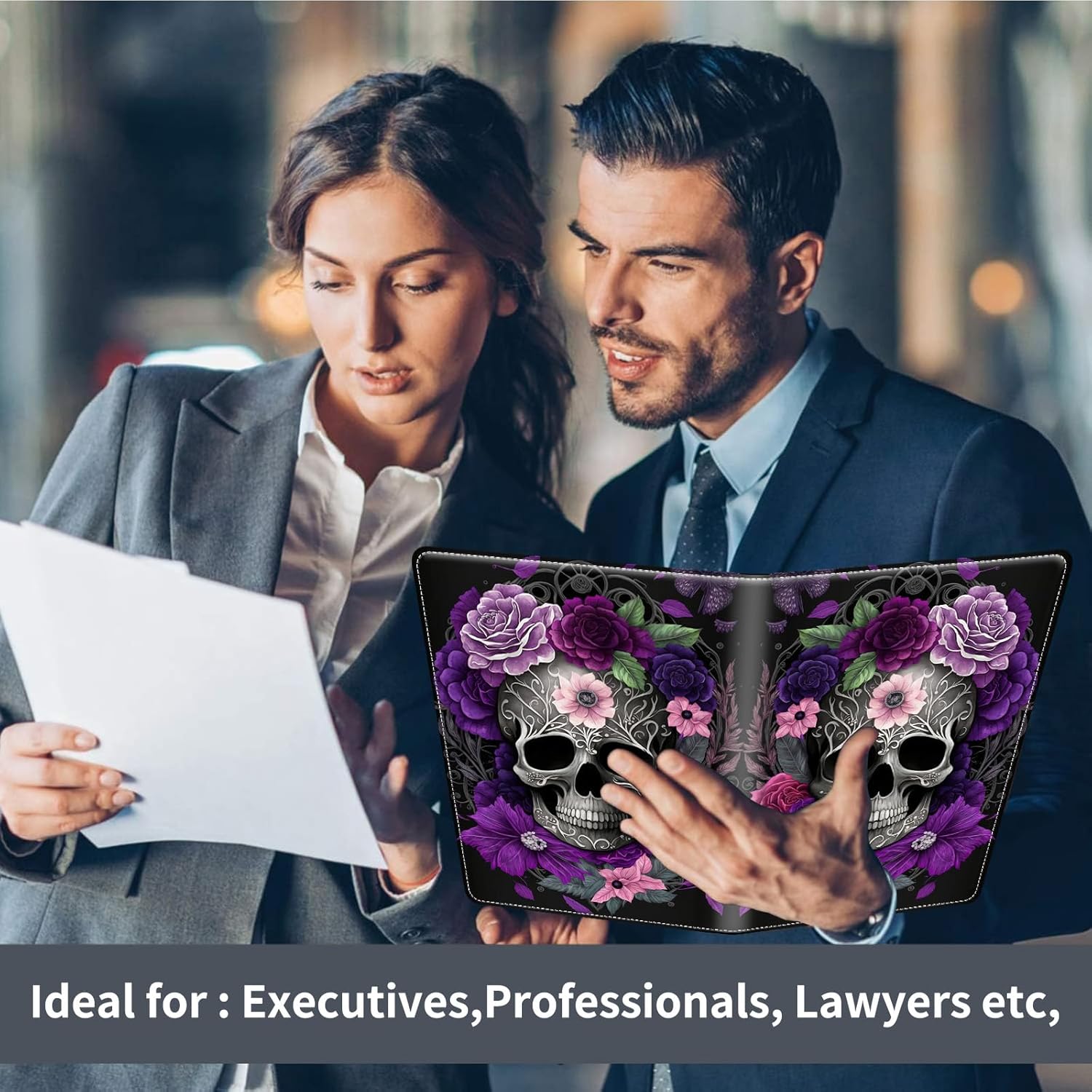 Padfolio/Portfolio Folder Clipboard,Padfolio Clipboard,Writing Portfolio Leather with Cover for Card Holder Slot Letter Size A4 for Office Conference Notepad Clip Boards,Purple Skull